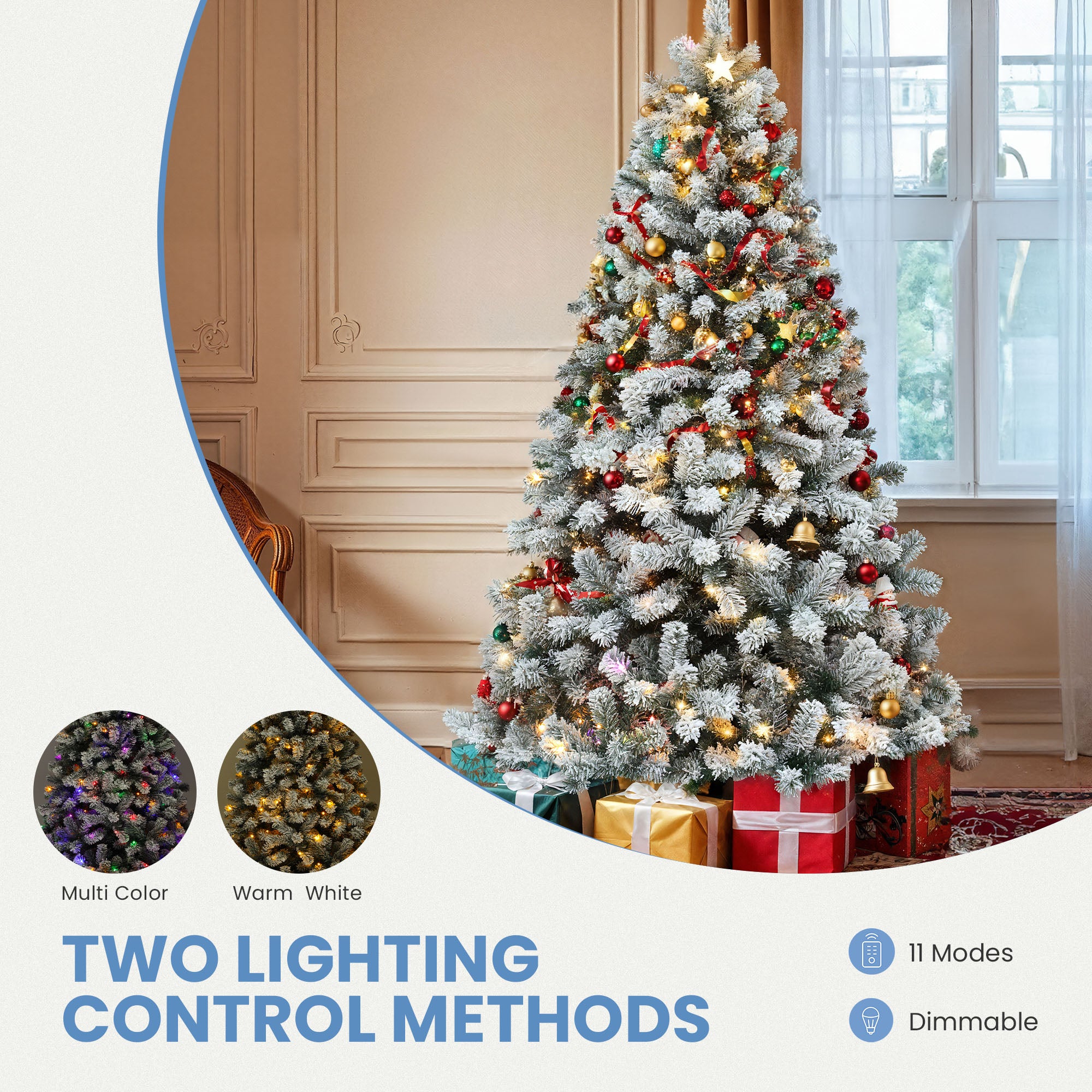 Sapin de Noël Artificiel 225cm à Flocons de Neige Balconera 550 LED, 1346 Branches, avec Support en Métal Pliable, Décoration de Fête - 5