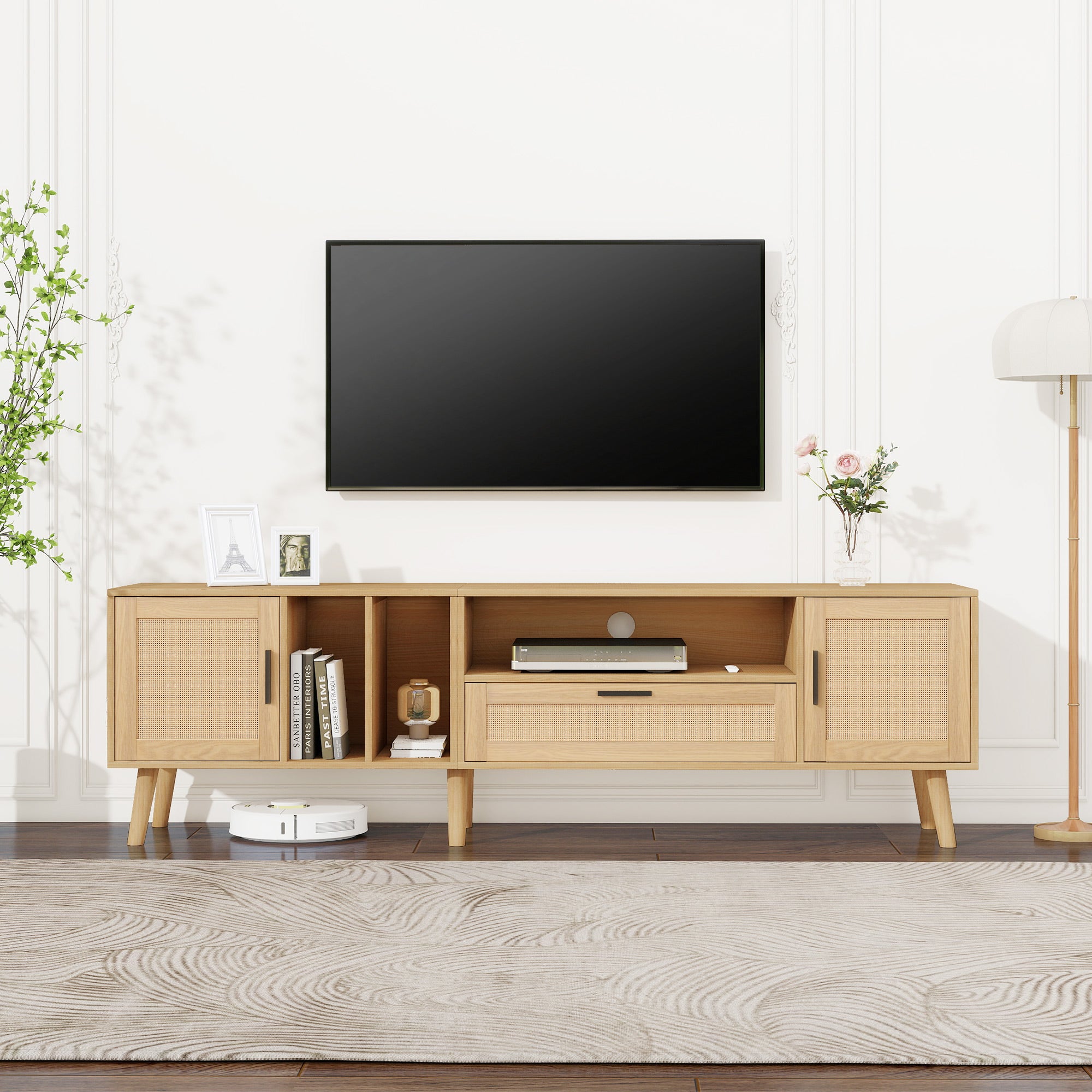 Stojak pod TV 180 cm zdobiony rattanem - 2 drzwi i 1 szuflada - nogi z litego drewna - naturalny - 2