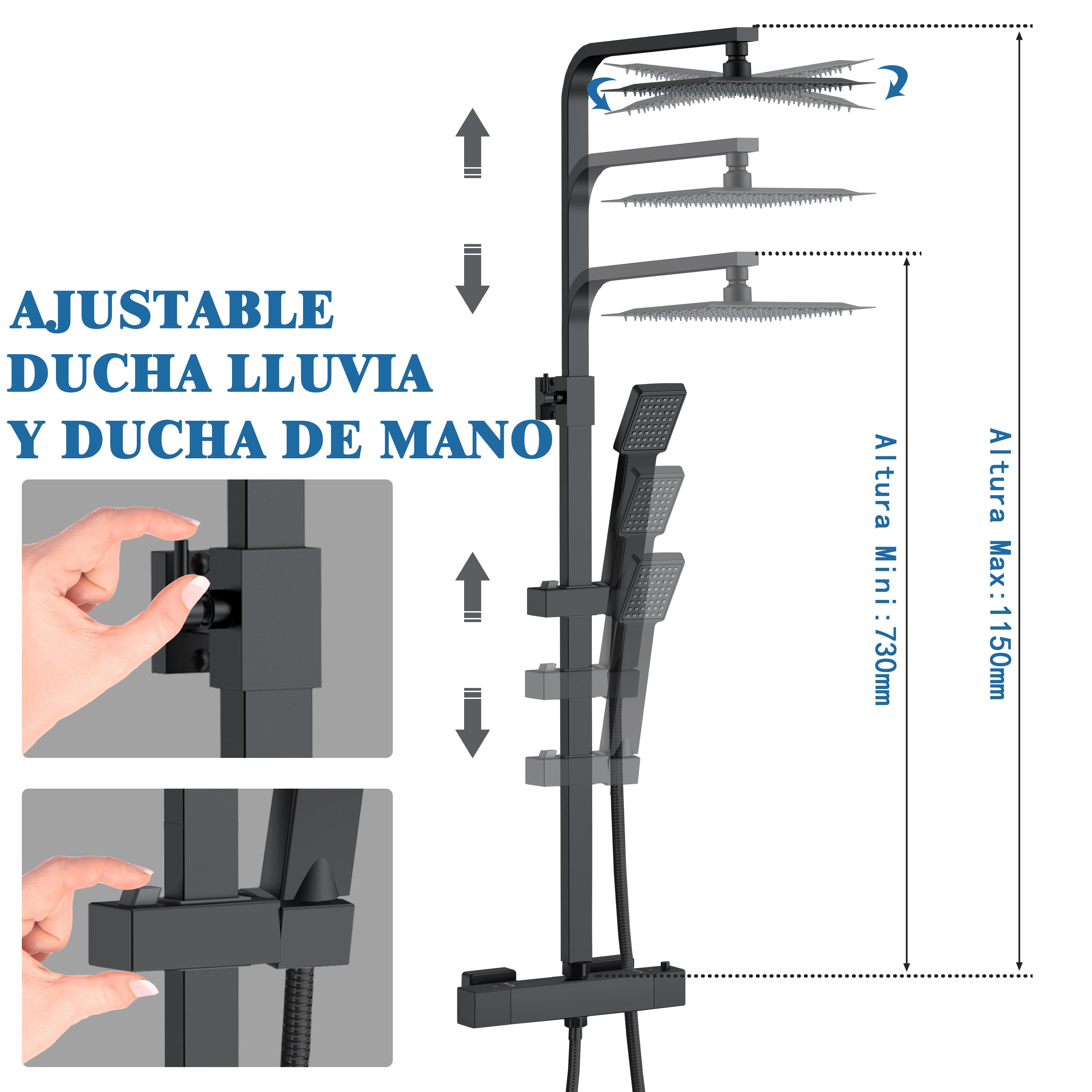 Aica Columna de Ducha Termostática con alcachofa de mano ducha lluvia barra ajustable negro mate - 3