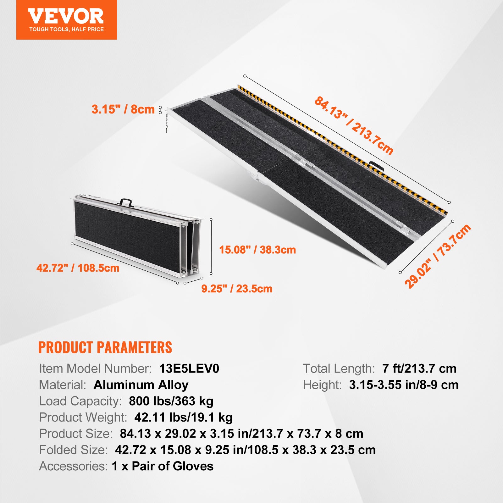 Rampe pour fauteuil roulant VEVOR, capacité 363 kg, en aluminium antidérapant 213,36 cm, pour scooter, personnes handicapés, marches, maison, portes - 7
