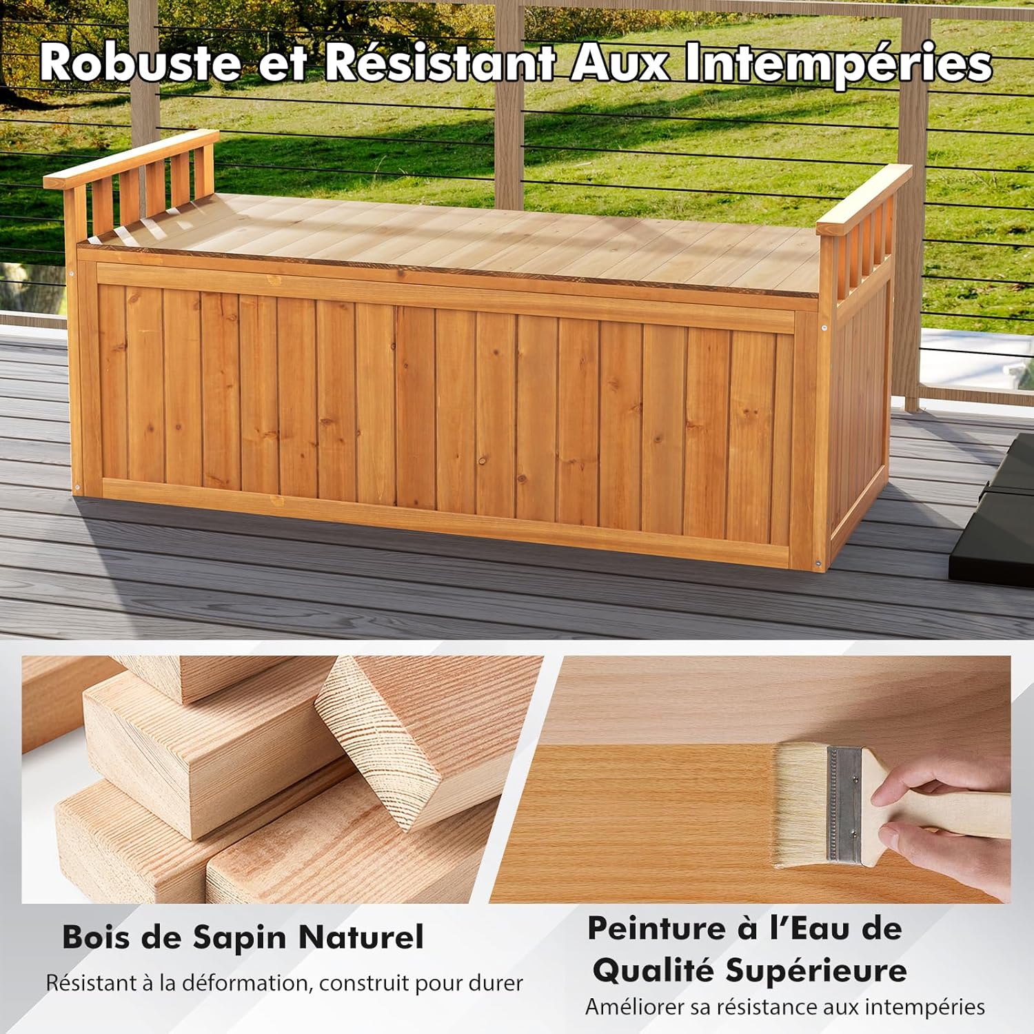 Banc de Rangement d'Extérieur en Bois, Banc d'Extérieur à 2 Places de 209 L avec Accoudoirs, pour Outils de Jardin, Charge 100KG - 5