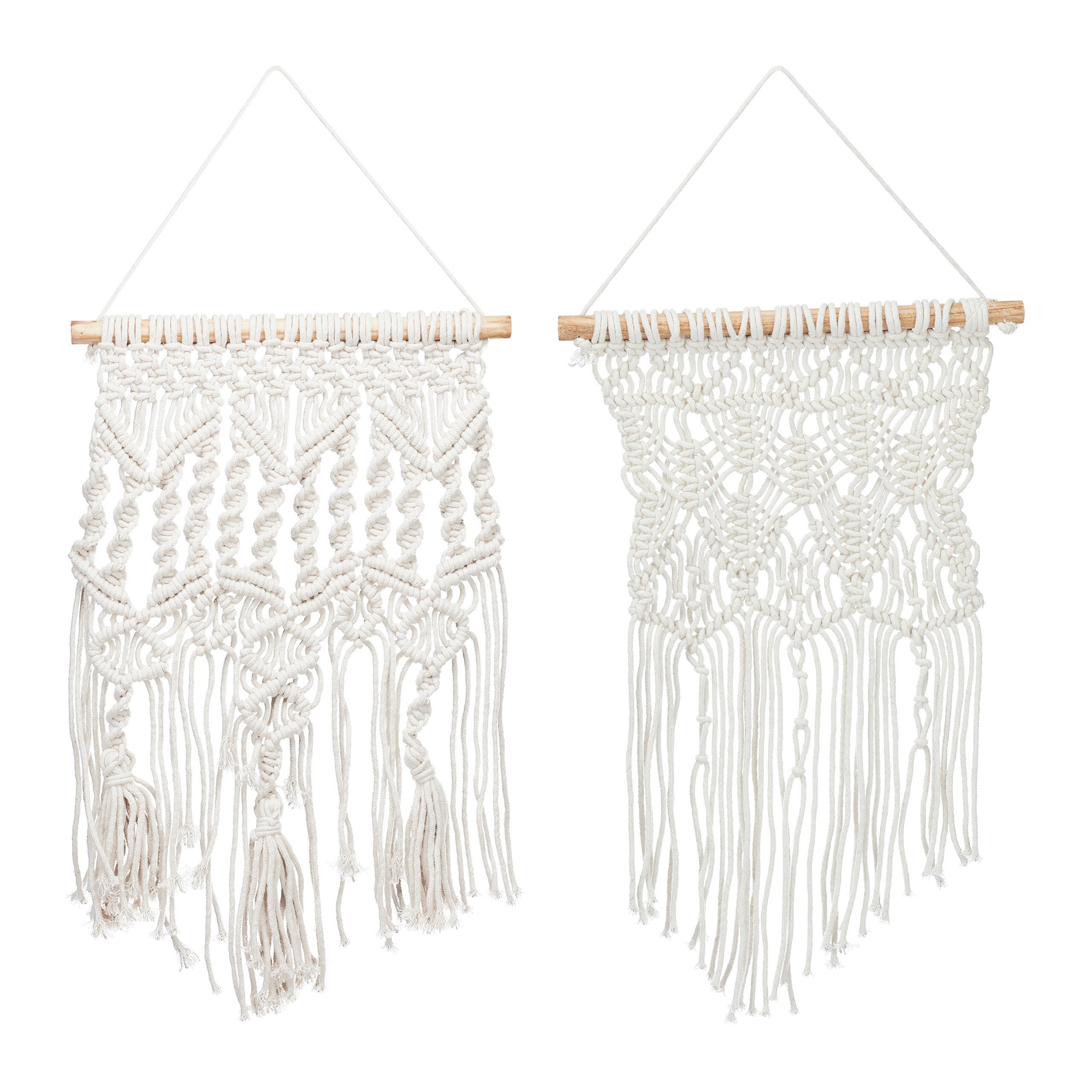 Relaxdays pack 2 tapices macramé artesanales pared, adorno estilo bohemio, diferentes patrones, algodón y madera, crema