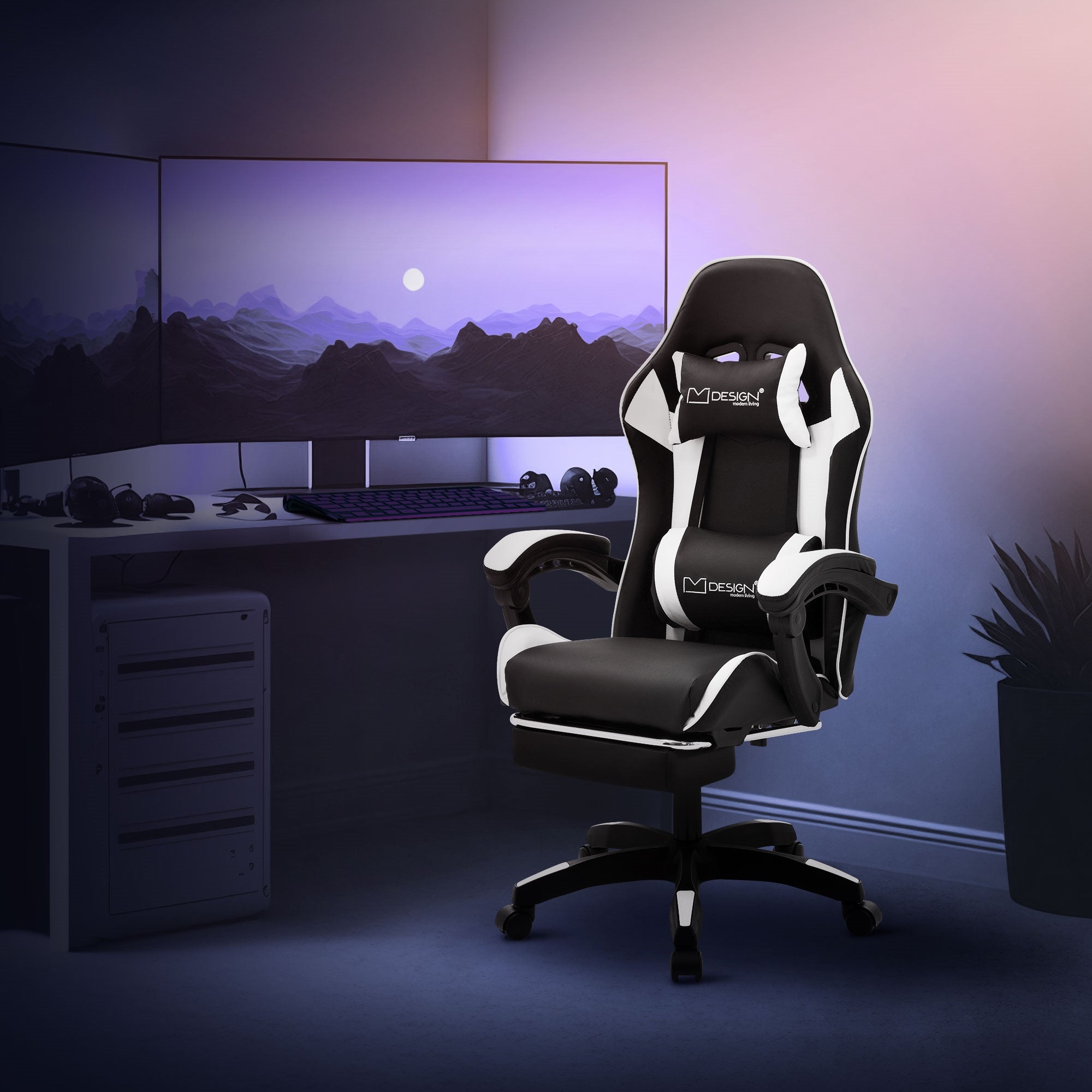 ML-Design fotel gamingowy ergonomiczny dla graczy czarno-bialy obrotowy regulowany z podnóżkiem podłokietnik zagłówek poduszka lędźwiowa biurowy