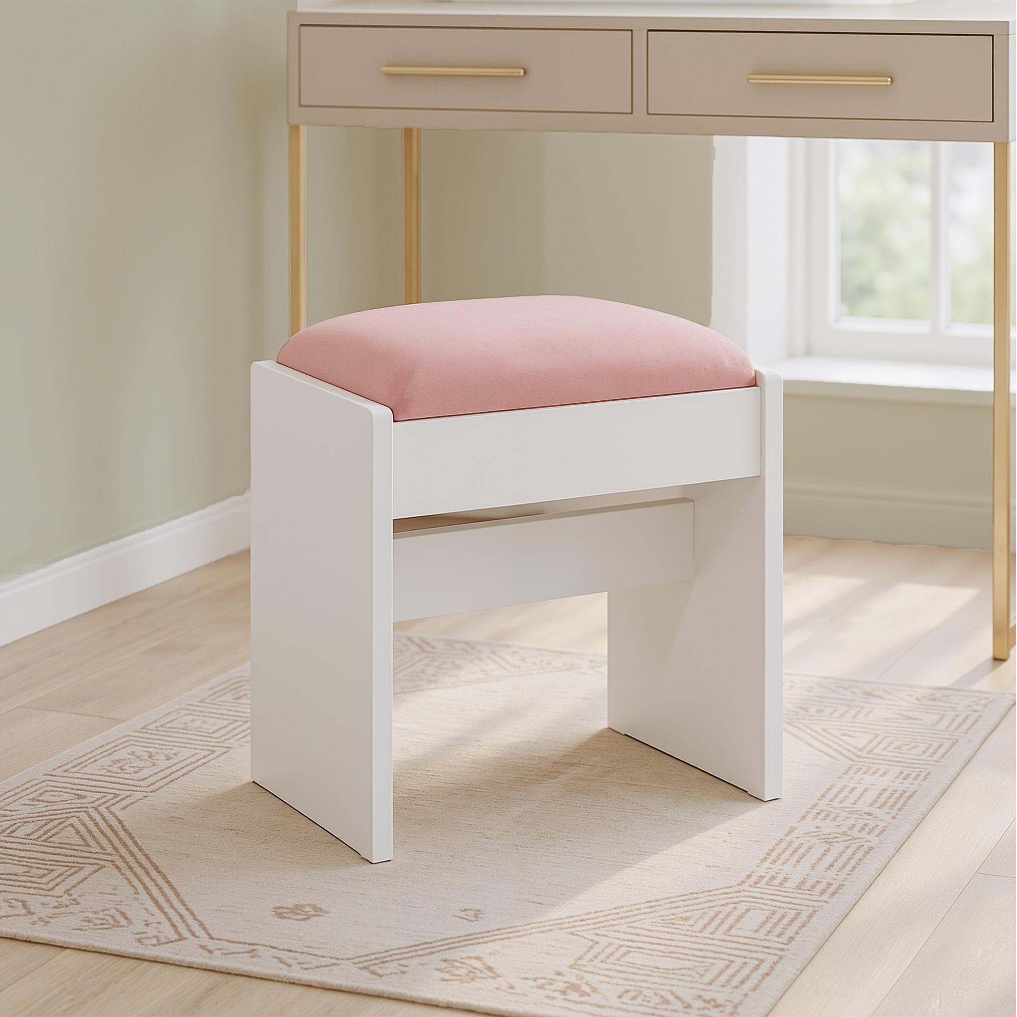 Tabouret de Coiffeuse, Tabouret de Maquillage Rembourré, en Velours, avec Patins Antidérapants, pour Salle de Bain, Chambre, Entrée, Blanc et Rose - 2