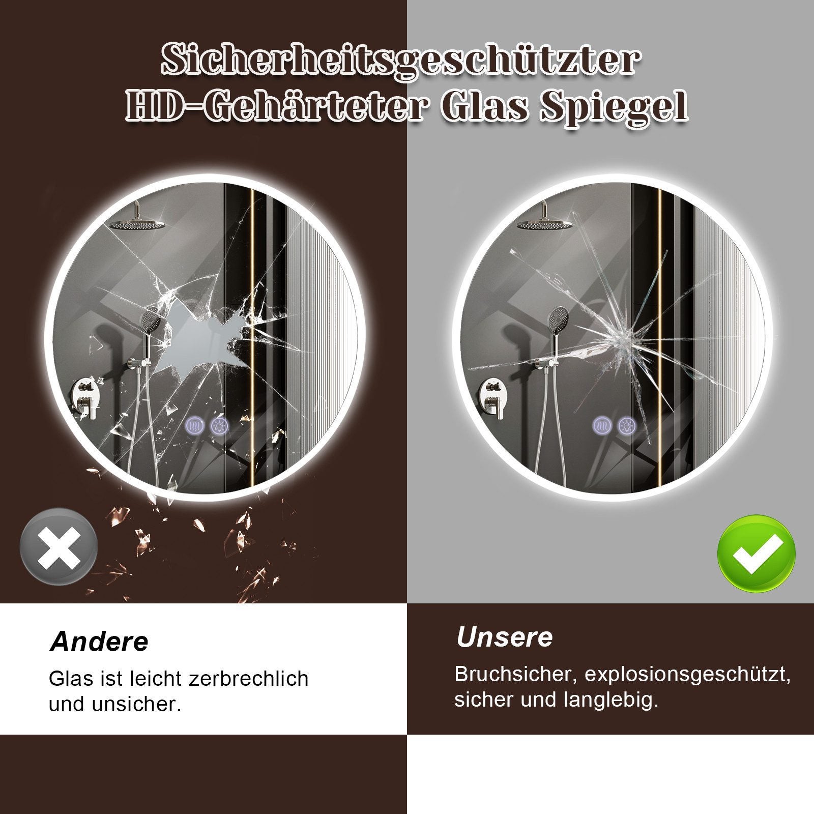 Miroir lumineux rond mural LED 50 cm IP44 tactile lumière dimmable et ...