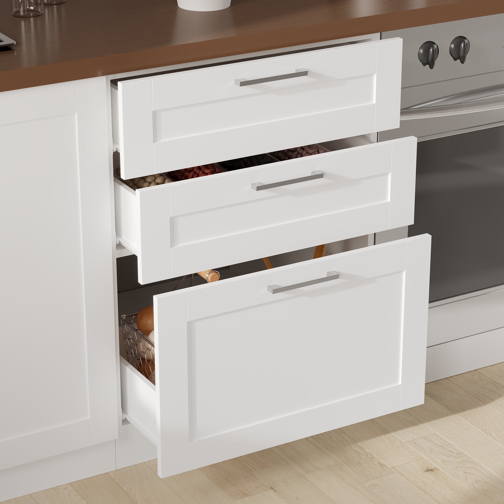 Meuble Bas de Cuisine sans PT, Élément Bas de Cuisine avec 3 Tiroirs et Poignée Argentée, 60 x 61.5 x 81.5cm, Blanc - 5