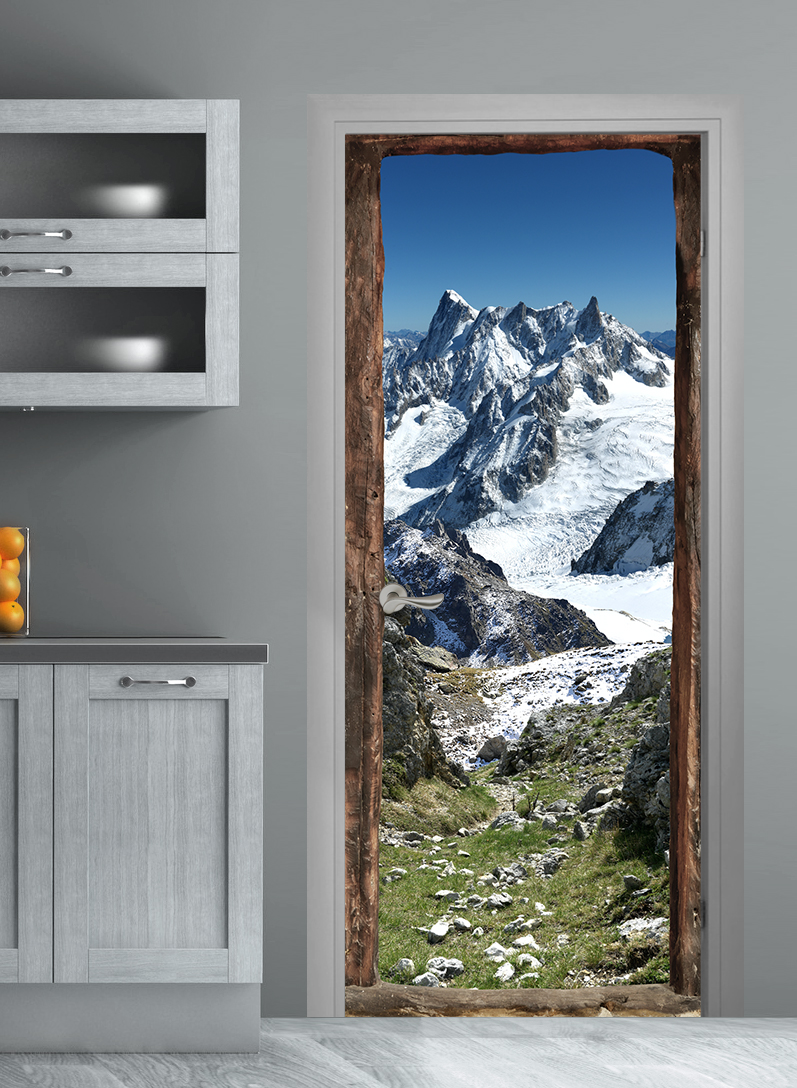 Pegatina decorativa de la puerta, trompe l'oeil marco de la puerta de madera que da un camino hacia la edición con nieve, 204 cm x 83 cm