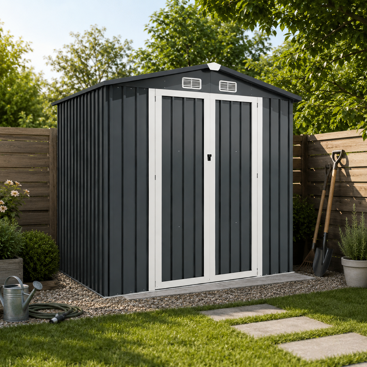 Caseta Metálica Exterior Puerta Doble Abatible Y Techo Inclinado 201,5 × 155,5 × 190 cm - 2