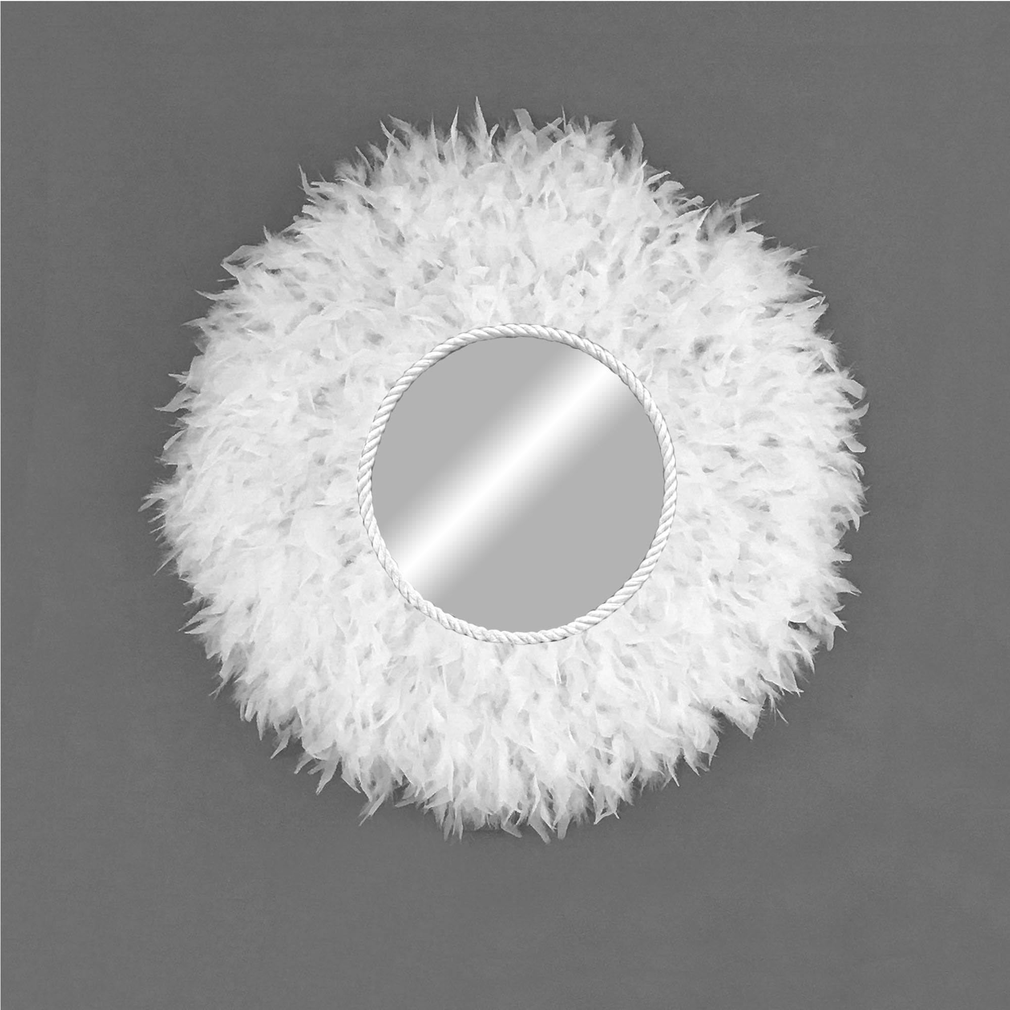 Espejo decorativo redondo con plumas naturales estilo boho - mirror feathers blanco 50cm