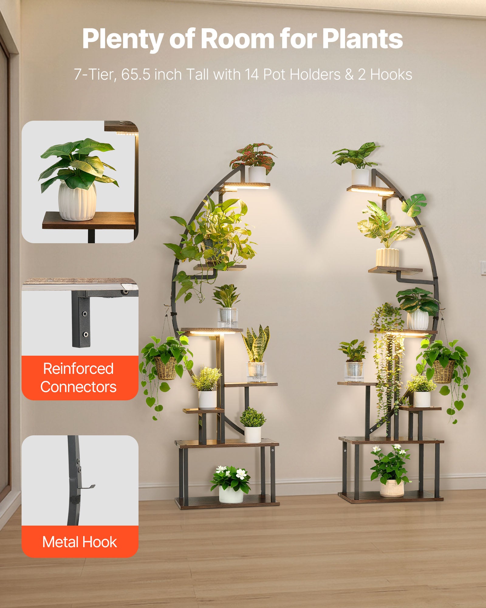 Support De Plantes D'Intérieur à 6 Niveaux Avec Lampes De Croissance - Étagère En Métal Forme X, Base Bois
