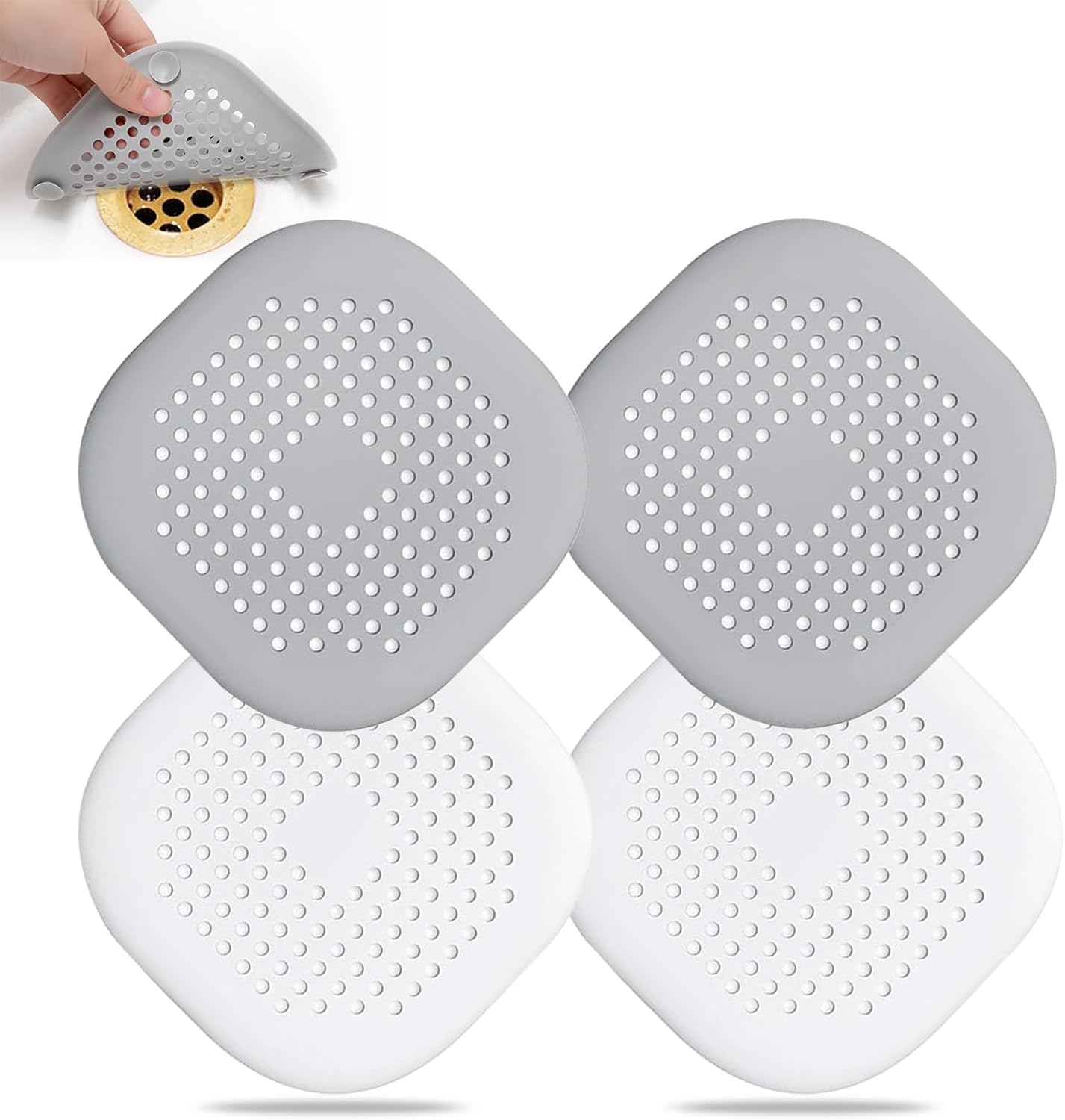 Kwadratowy odpływ, silikonowy korek z przyssawką, łatwy w montażu, odpowiedni do łazienki, wanny, kuchni, opakowanie 4 szt. (biały, aluminiowy, szary)