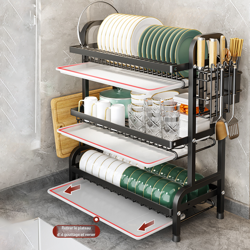 Égouttoir vaisselle double niveau Darmlink vert – Acier inoxydable, grande capacité, avec plateau d’égouttage, pour assiettes et bols - 3