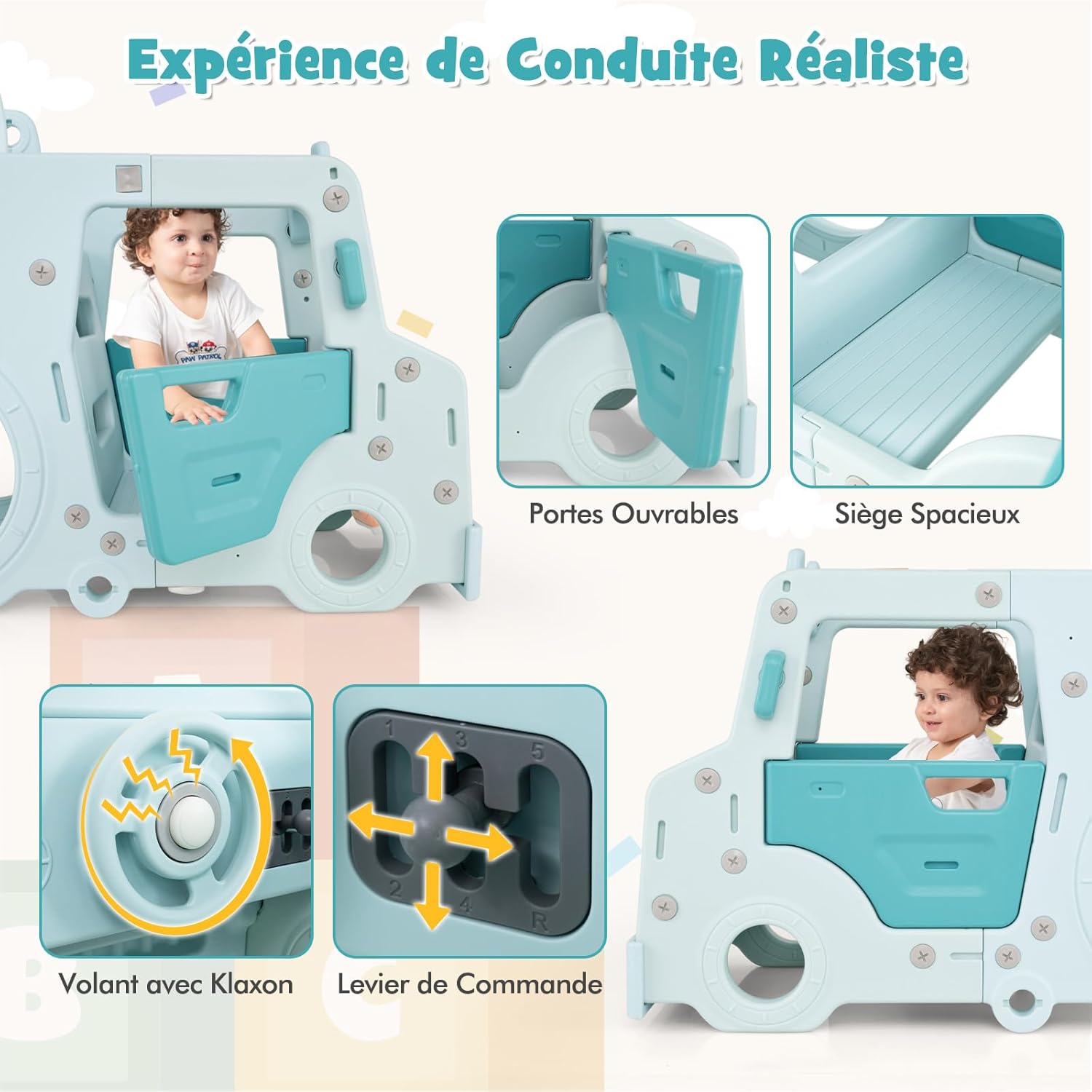 3 en 1 Toboggan Interieur Exterieur Enfants Pliable, Thème Voiture Bebe avec Rampes Surélevées, Volant Simulé, pour 1,5 Ans, Charge 30KG - 4