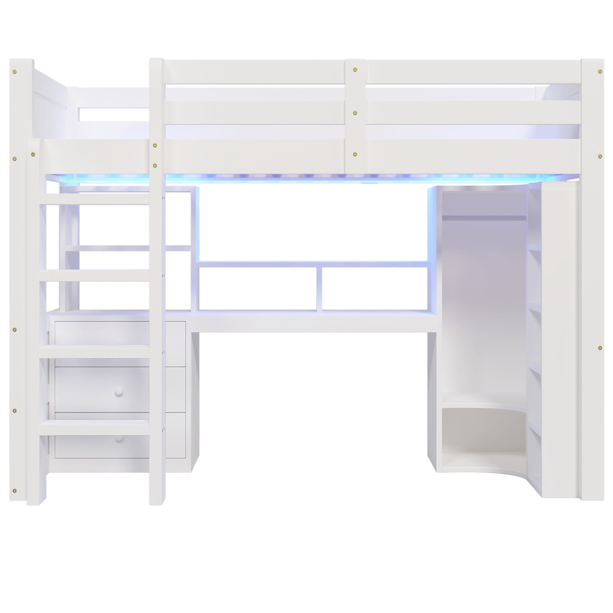 Łóżko na antresoli 90x200cm - z oświetleniem LED - z szafą + biurkiem - z 3 szufladami - z przegródkami do przechowywania - biały - 7