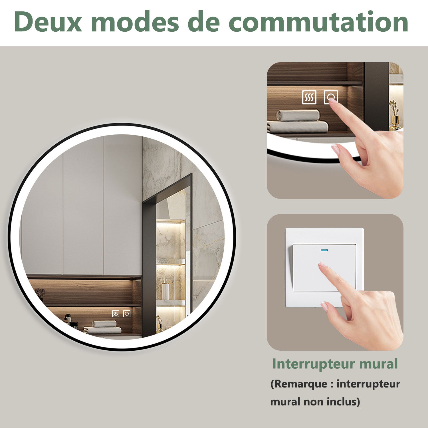 AICA Miroir lumineux rond 60 x 60cm avec 3 couleurs + dimmable + anti-buée + mémoire, miroir salle de bain led - 6