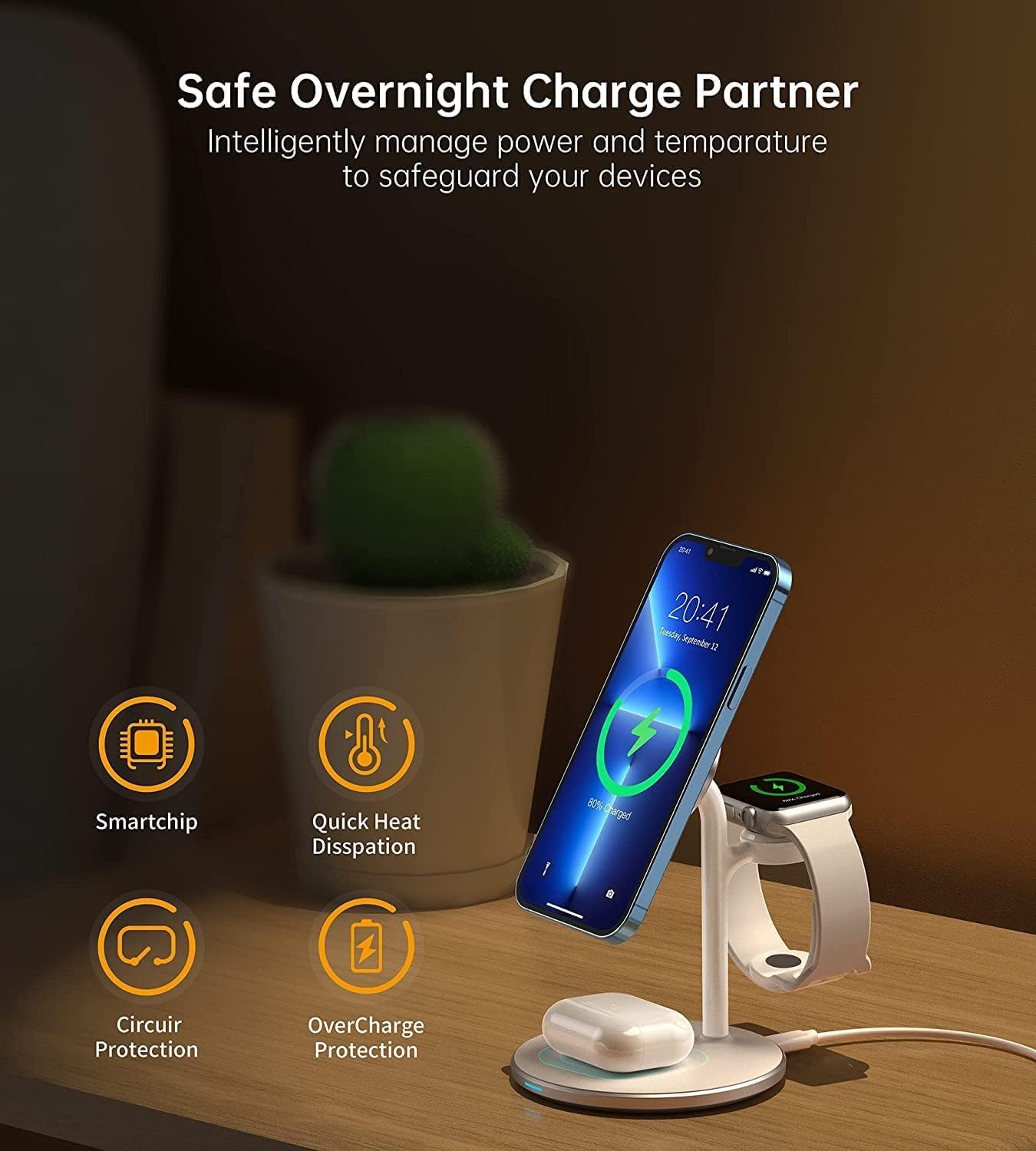 (Blanc + Argent) Station de charge à induction, chargeur de station de charge sans fil 3 en 1, chargeur sans fil compatible avec le chargeur de sécuri - 5