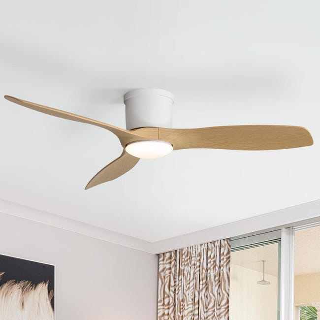 Ventilatore a soffitto 52 con luce LED dimmerabile, 3 pale in legno, motore DC silenzioso e reversibile, telecomando | Leroy Merlin Ventilatore a soffitto 52 con luce LED dimmerabile, 3 pale in legno, motore DC silenzioso e reversibile, telecomando | Leroy Merlin