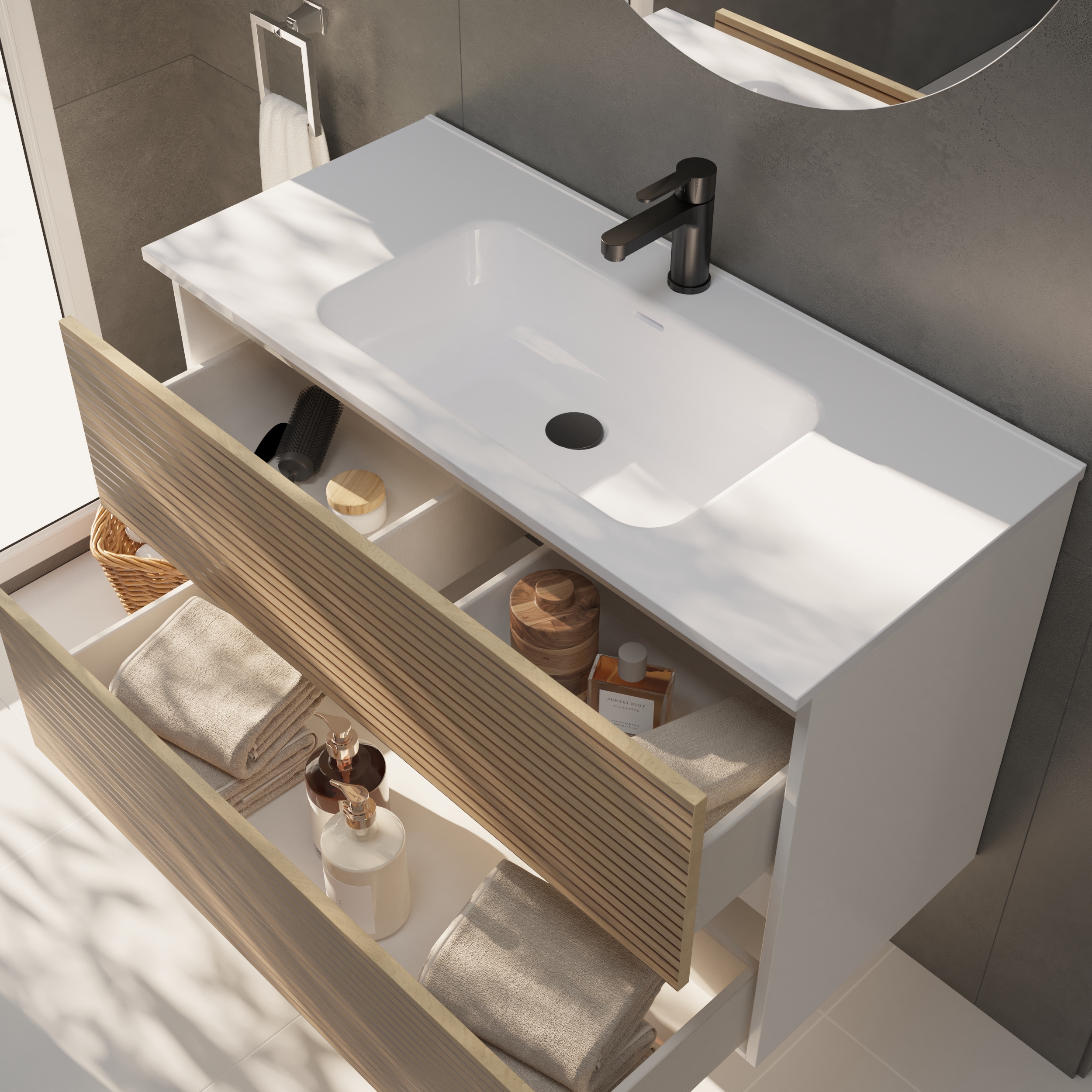 YINU SALLE DE BAIN | 100 CM BLANC - SOLOMON | DEUX TIROIRS | LAVABO ENCASTRÉ | N'INCLUT PAS LE MIROIR | ALDAY - 2