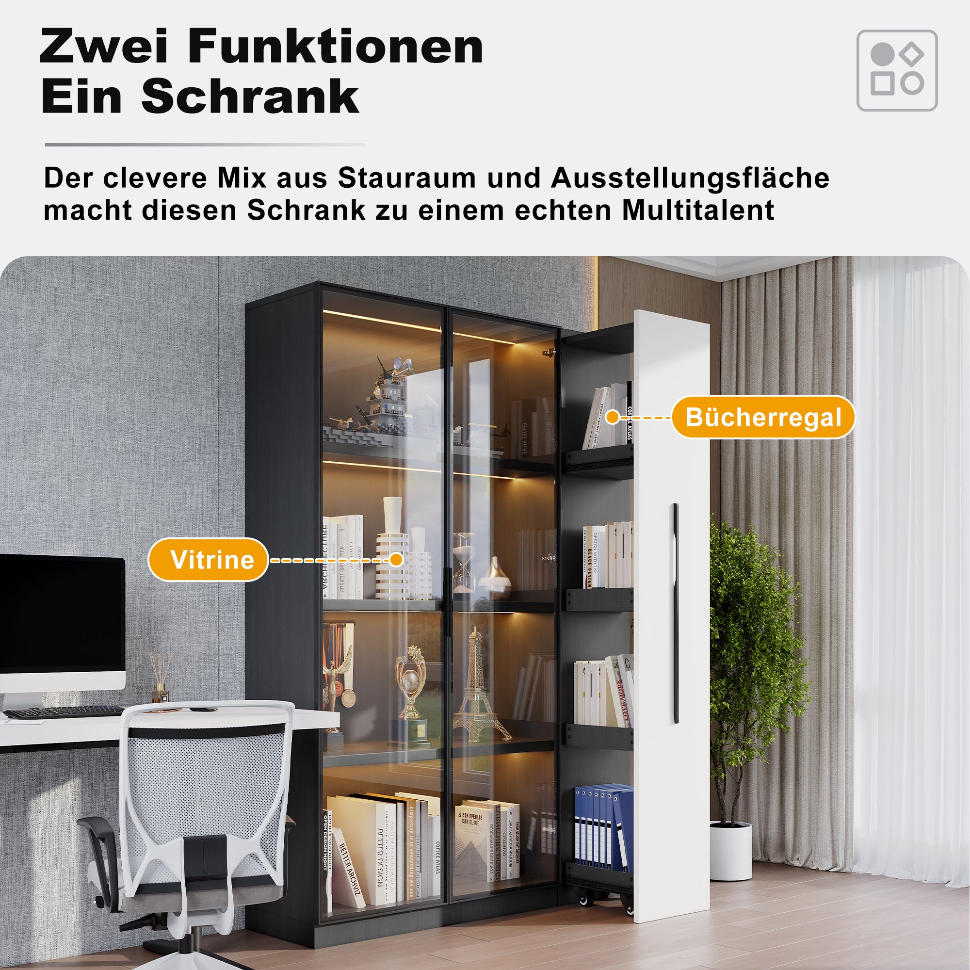 Vetrina con 2 ante in vetro e 1 anta estraibile - 110,5 x 35 x 160 cm - LED - MDF + vetro - Bianco e nero - 5