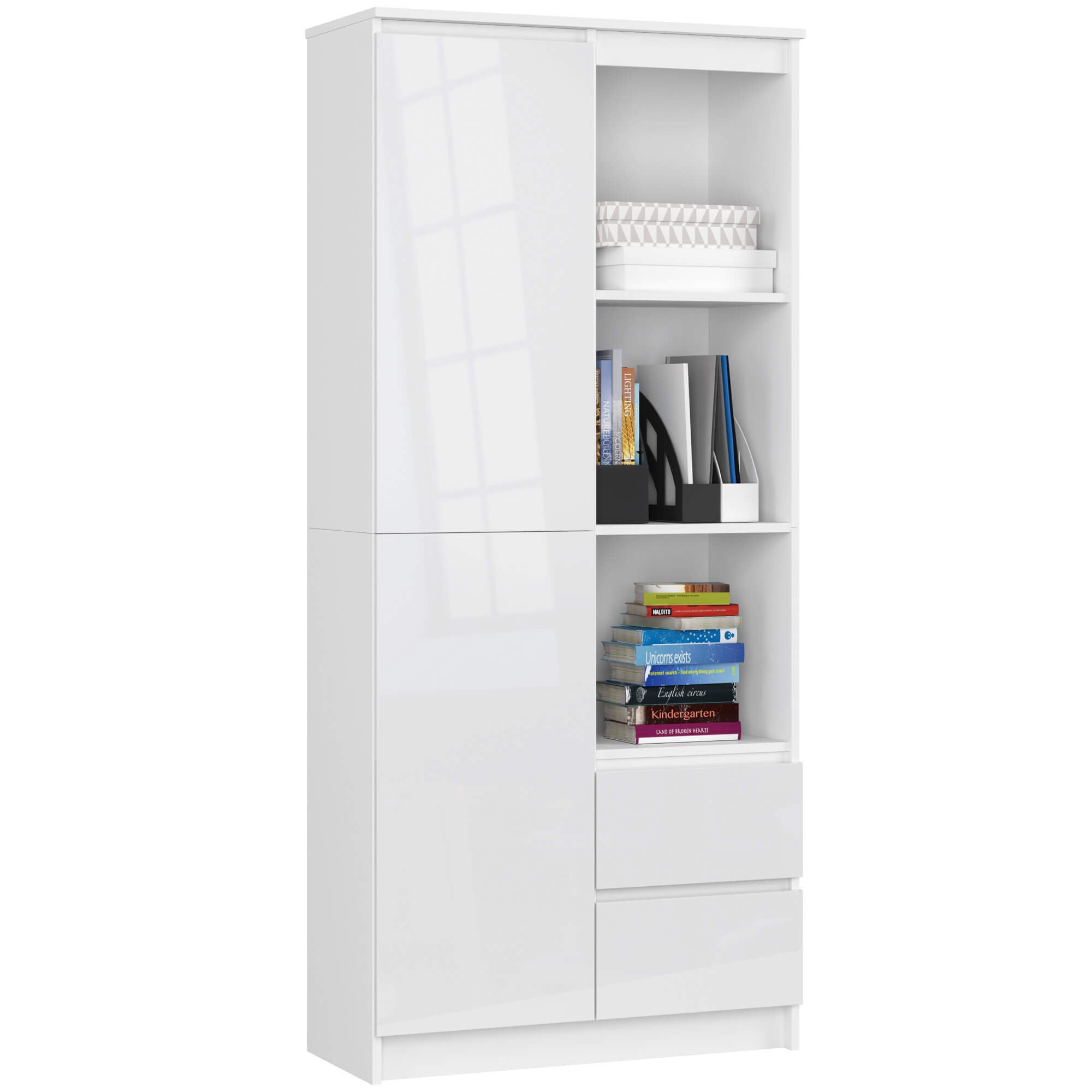 Regał AKORD R11 Biały 80 cm 1 drzwi 2 szuflady kolor Biały Połysk 7 półek 80x35x180 cm
