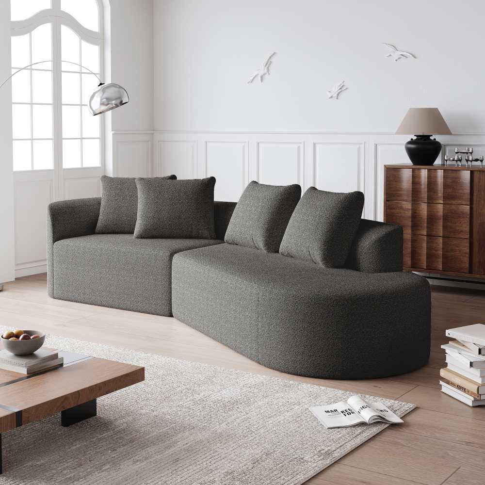 Narożnik Chenille, 4-osobowy, szerokie i głębokie siedzisko, sofa o zakrzywionym kształcie chmurki, modułowa z 4 ozdobnymi poduszkami