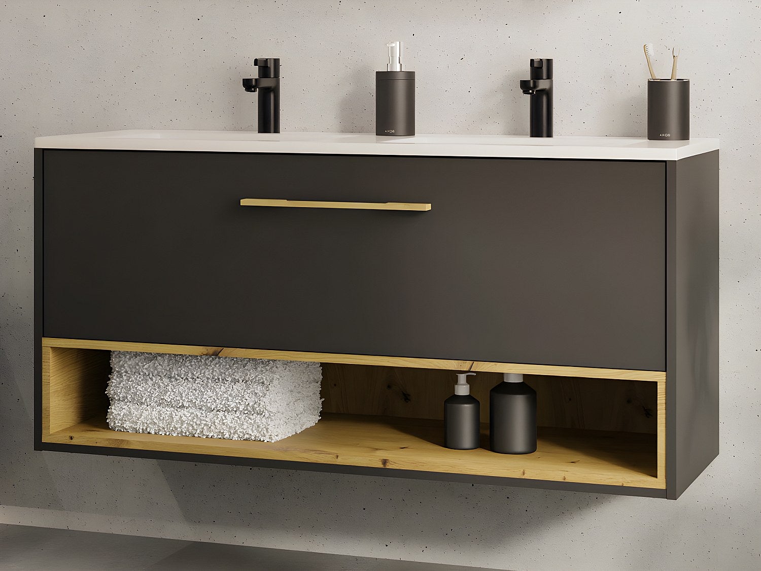 Szafka łazienkowa wisząca w kolorze antracytowym z wbudowaną umywalką - 120 cm - YANGRA