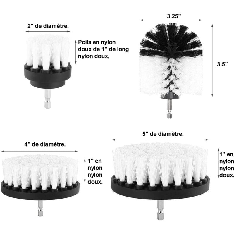 Brosse Nettoyage Perceuse 4 pièces, Brosse pour Perceuse Voiture Carrelage Tapis Baignoire Cuisine Toilettes Blanc - 4