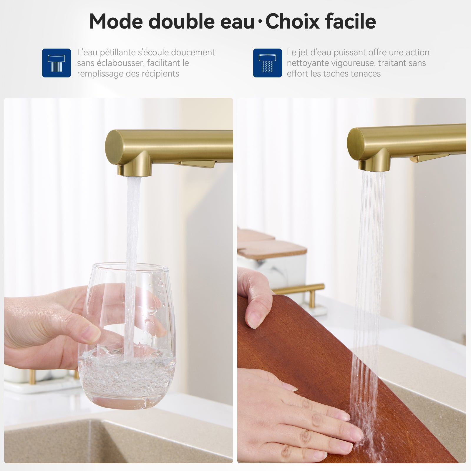 Mitigeur Cuisine avec Douchette Extractible, Monocommande, Rotation à 360°, 2 Modes de pulvérisat Robinet d'évier Cuisine, Jaune doré - 3