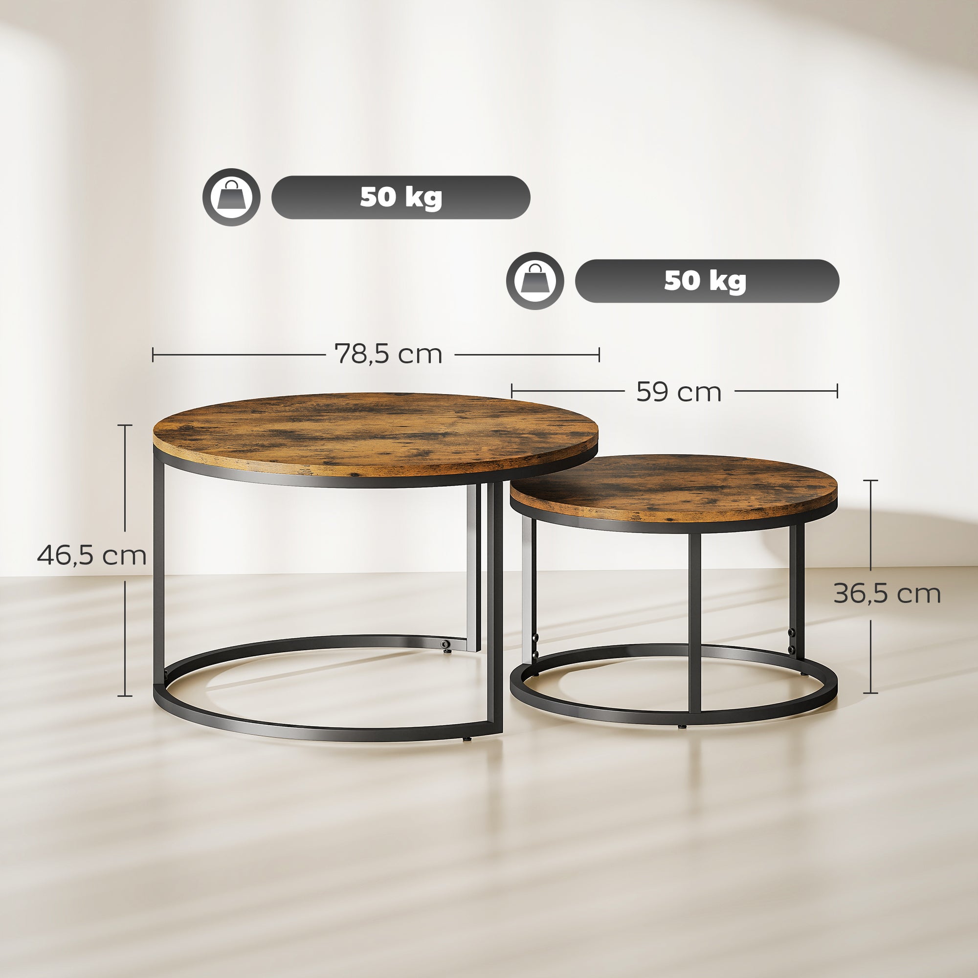 Lot de 2 tables basses gigognes empilable design industriel plateau imitation ciment pieds en métal brun rustique - 5