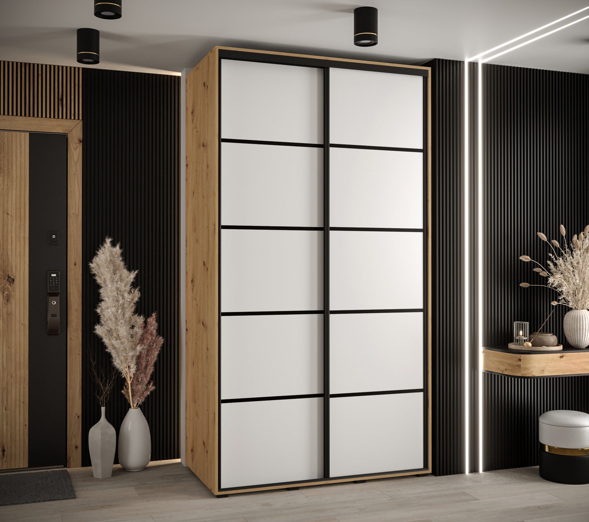 Szafa przesuwna wysoka Davos 4 130 x 60 x 235,2 cm artisan + biały + u. czarny - Abiks Meble - 2