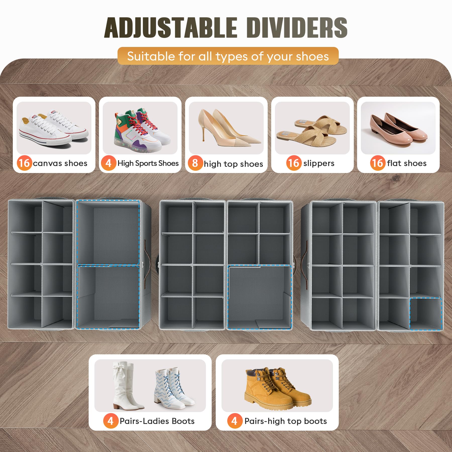 BEXTCOK 2 bacs de rangement pour chaussures, bacs pliables à compartiments avec couvercle, bacs de rangement anti-poussière pour sous le lit - 3