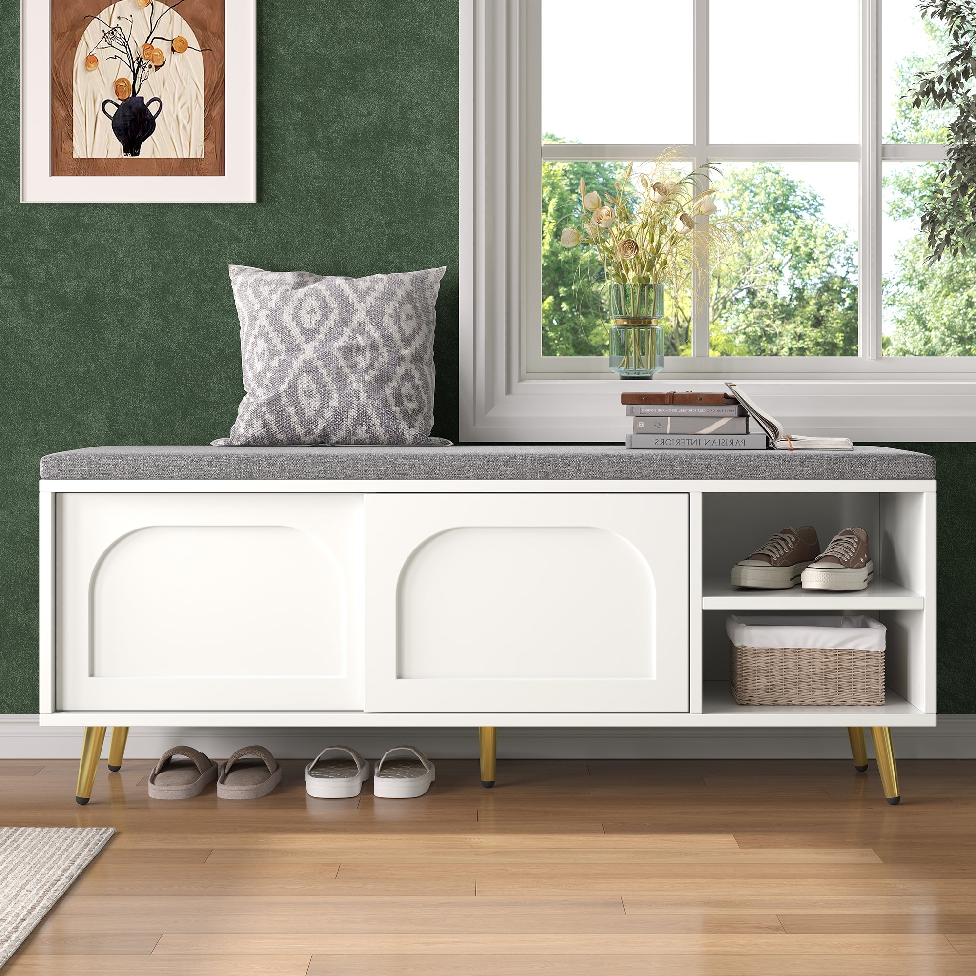 Szafa na buty 121x35x49cm - z poduszką - drzwi przesuwne i otwarte półki - biały - 3