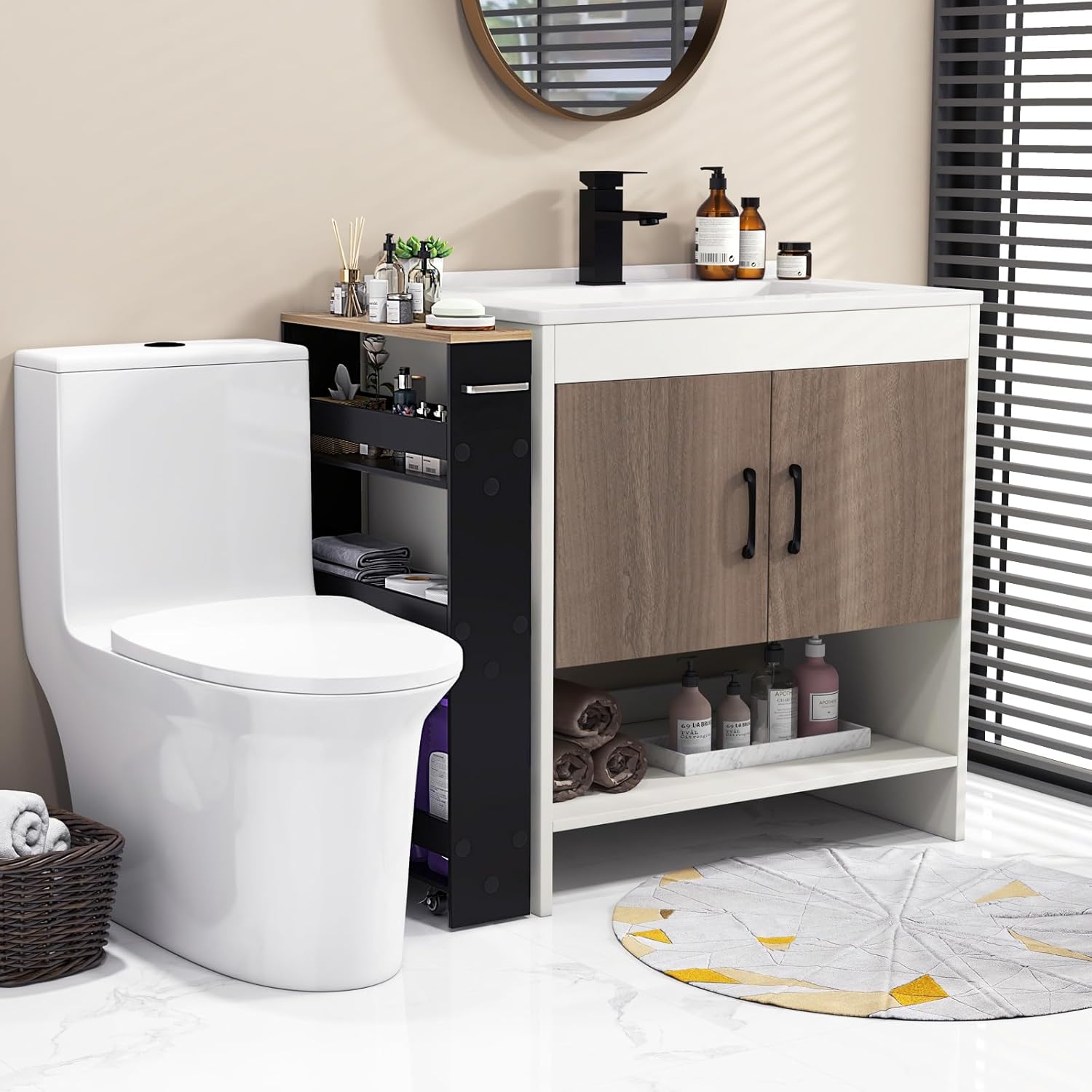 Chariot de Rangement Largeur 13 cm à roulettes, Desserte de Cuisine à 4 Niveaux, Poignée Latérale et Roues Universelles avec Freins (Noir + Naturel) - 9