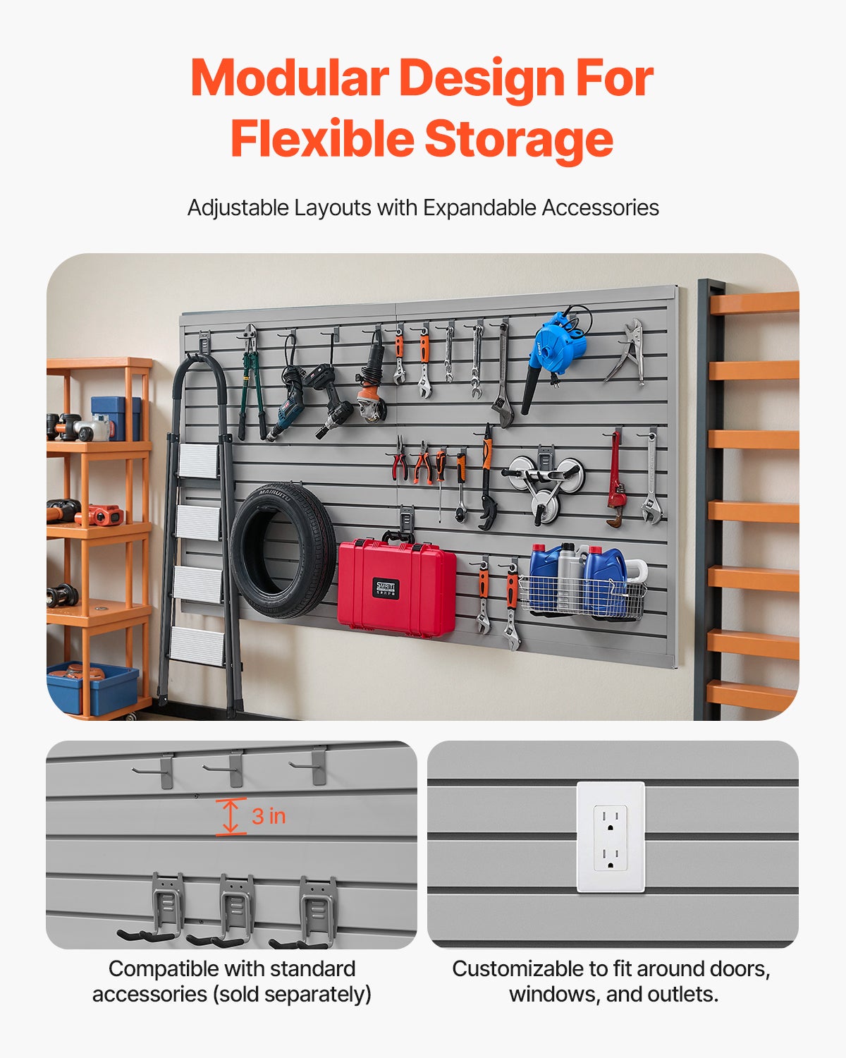 Panneau à Lattes VEVOR Mural Garage, 1225x2450 mm, Panneau Rangement Outils en PVC avec Conception Modulaire, Porte-outils Muraux pour Affichage - 4