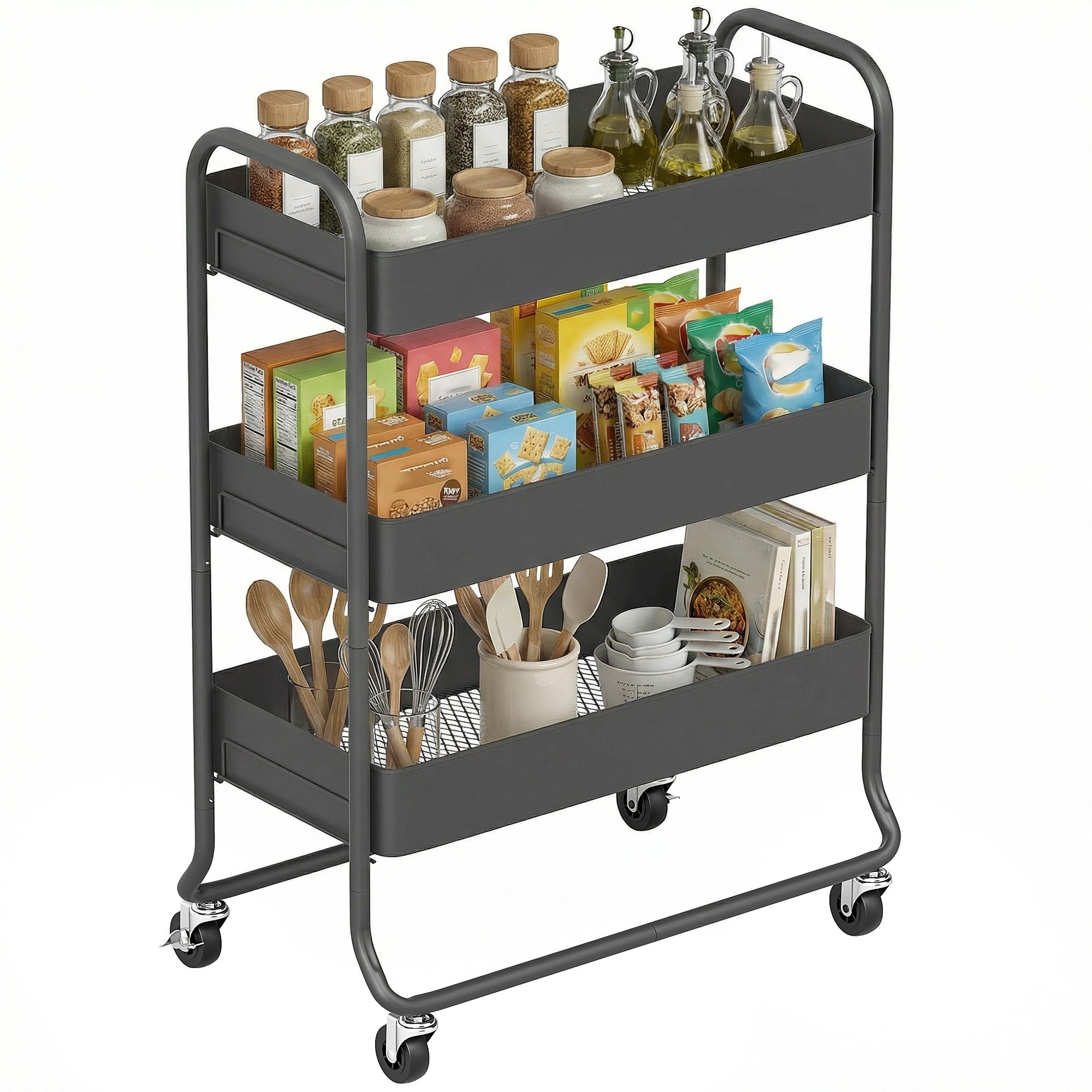 Chariot Plateau Ouvert Chariot Métallique Rangement Craftelier 3 Plateaux - 4 Roulettes 360° Avec Freins - Charge 2.99 Kg/Plateau