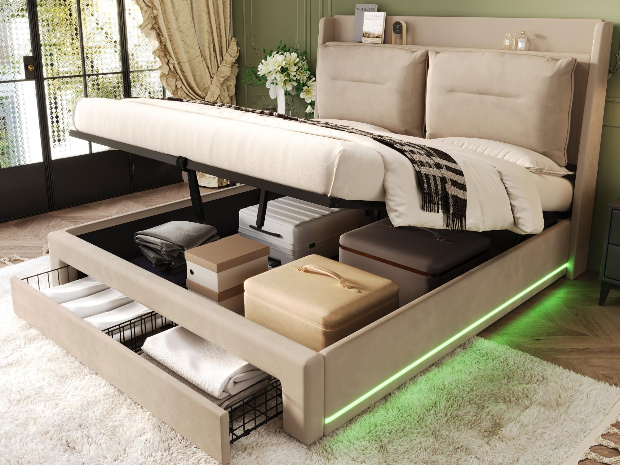 Łóżko skrzyniowe tapicerowane aksamitem - 180x200 cm - 2 szuflady na końcu łóżka - wpuszczane oświetlenie LED u podnóża łóżka - Beżowy (bez materaca)