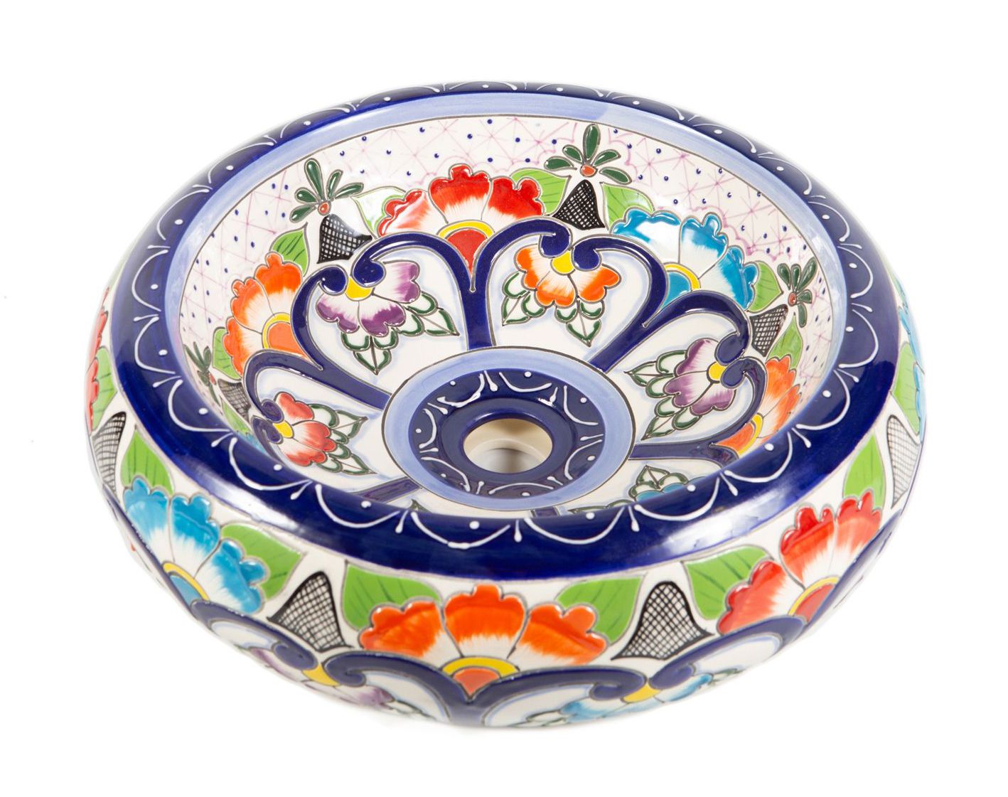 Meksykańska ceramiczna umywalka nablatowa z reliefem Victoria – okrągła umywalka łazienkowa 40 x 13,5 cm | Umywalka z motywami Talavera