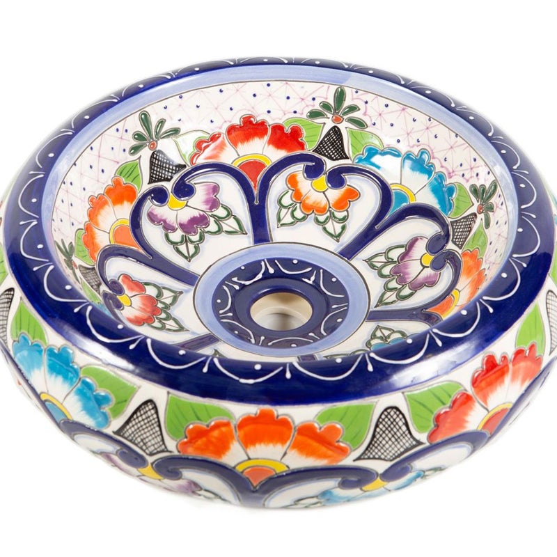 Meksykańska ceramiczna umywalka nablatowa z reliefem Victoria – okrągła umywalka łazienkowa 40 x 13,5 cm | Umywalka z motywami Talavera