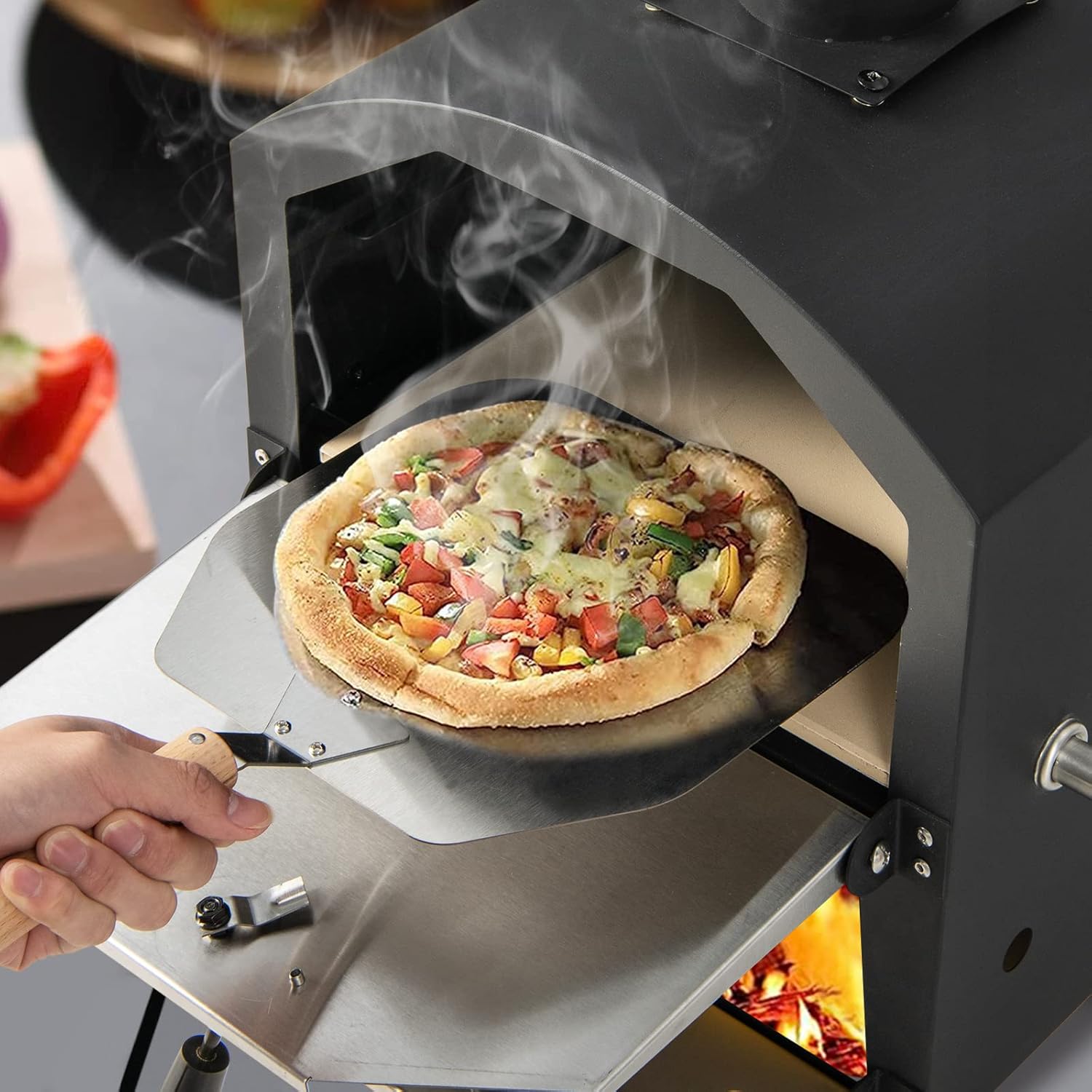 Mini Piec na Drewno do Pieczenia Pizzy na Świeżym Powietrzu, na 2 Pizze, Łopatka do Pizzy, Kamień do Pizzy, Szczelna Pokrywa, Składane Nóżki do Grilla - 8