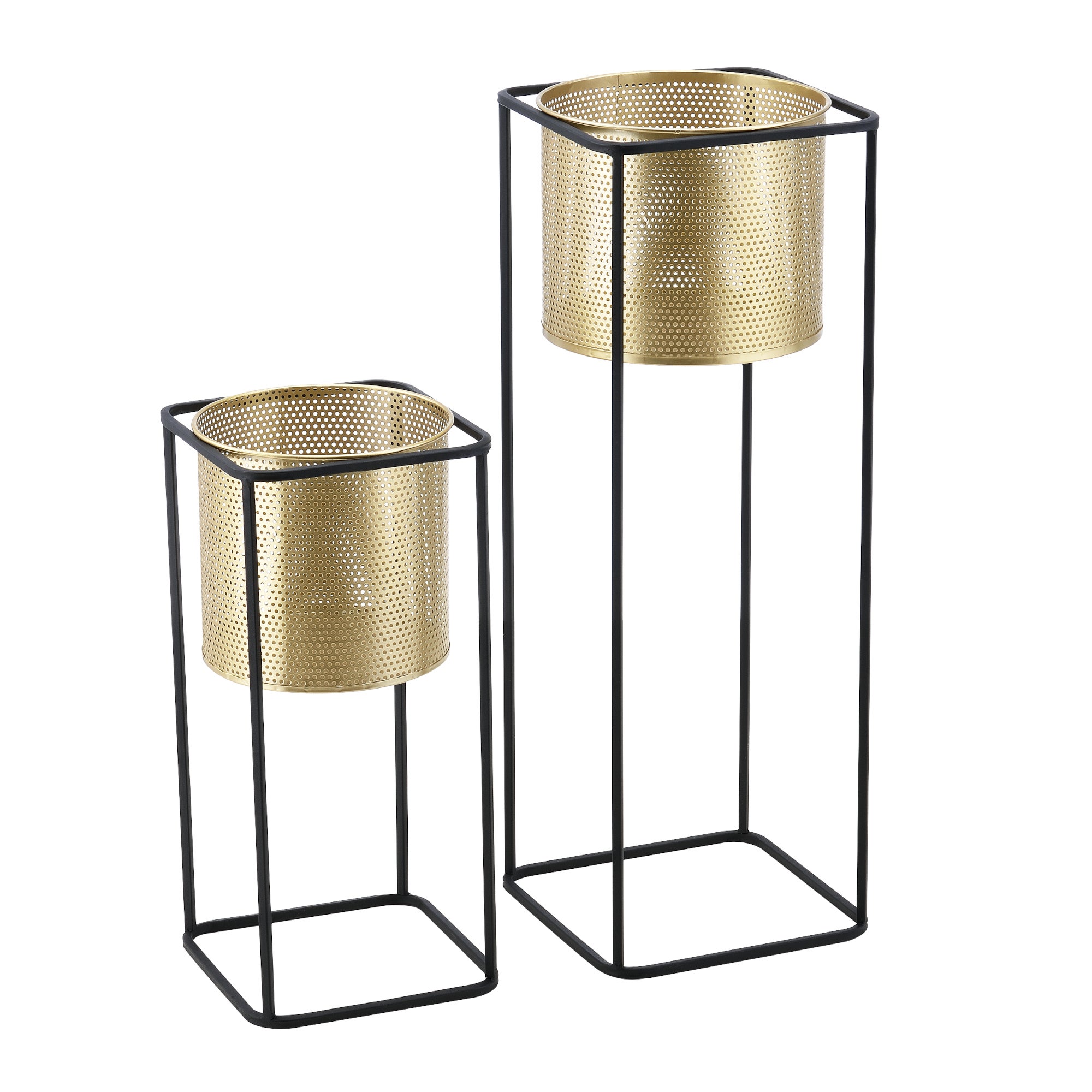 Lot De 2 Supports De Plante Set Cache-pot Pot De Fleur Bac À Fleurs Vase Métal Tailles Différentes Noir Doré [en.casa] - 2