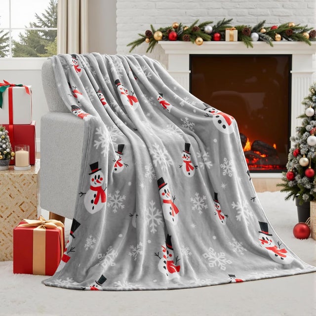 Couverture de Noël Bonhomme de Neige Gris (130x150cm), Couverture Flanelle Douce, Décoration de Noël Chaude et Shaggy, Couverture de Canapé Douillette