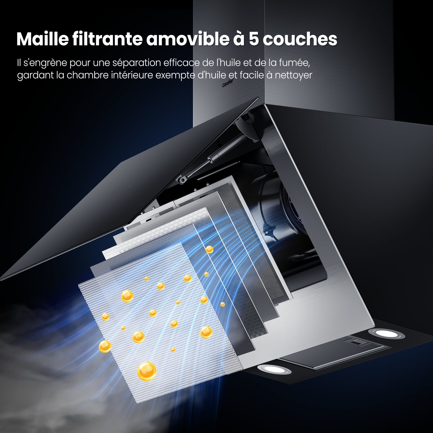 COMFEE Hotte Aspirante Inclinée 60cm - 800m³/h - Hotte de Cuisine - Classe A++ - Commandes Gestuelles - 4 vitesses - 2 Filtres à Charbon - Verre Noir - 8