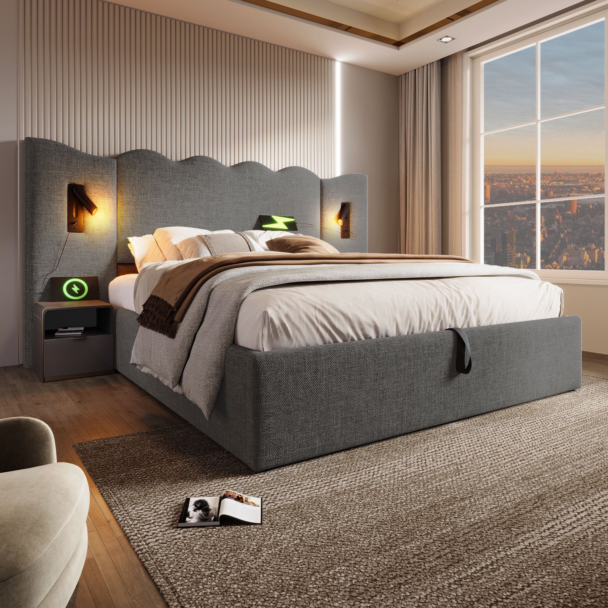 Letto Matrimoniale 160x200 Cm - Giroletto, Letto Matrimoniale Con 4 Cassetti Portaoggetti E Testiera Con Illuminazione A Led Usbtypc C Adatto Per Adolescenti E Adulti Lino Beige 85211095