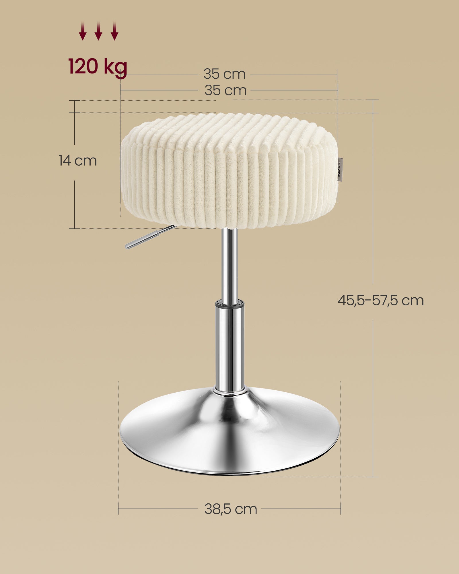 Tabouret de Maquillage, Réglable en Hauteur, Pivotant à 360 Degrés, en Velours Côtelé, Coussin Épais, Tabouret de Coiffeuse, Blanc Crèm - 5