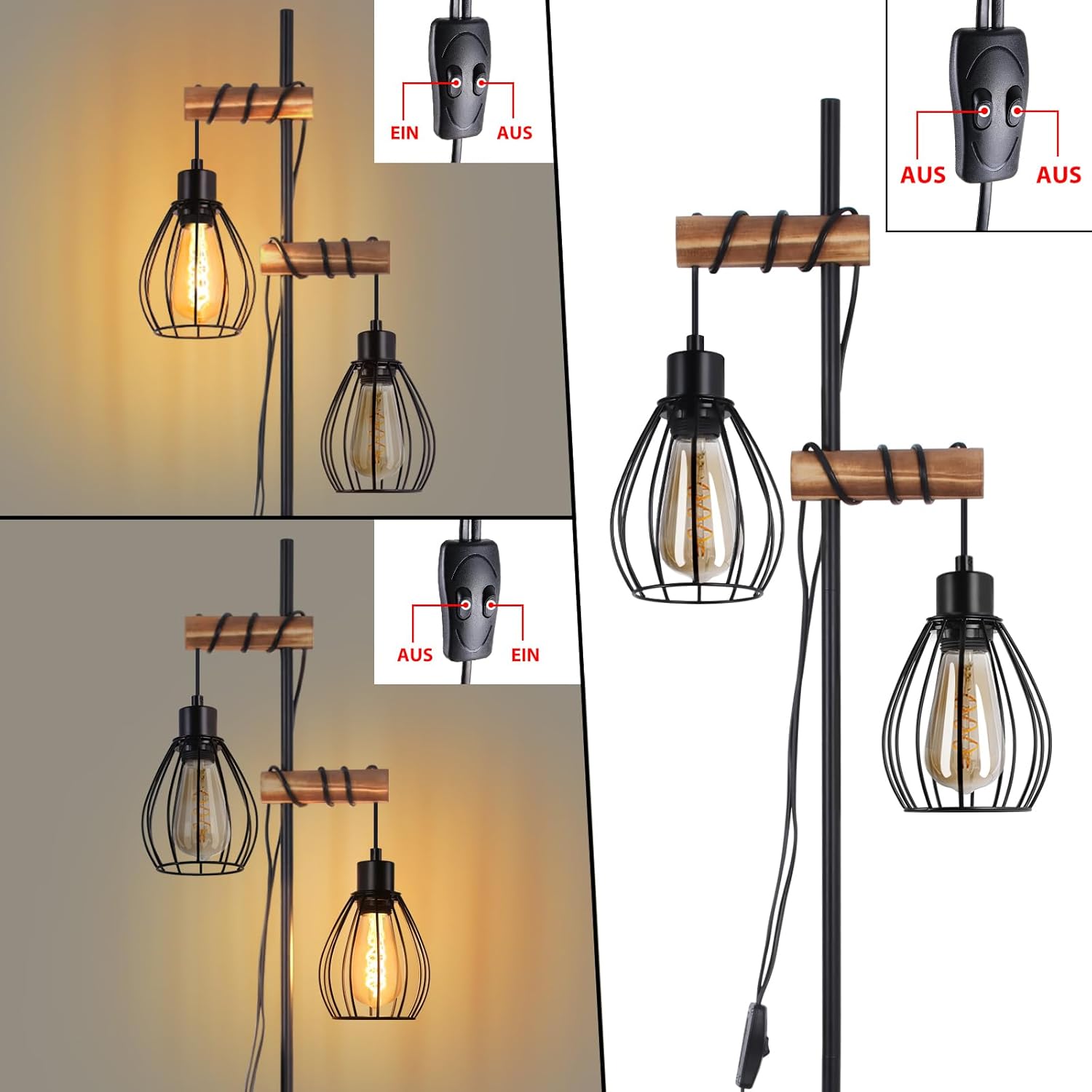 NETTLIFE lampadaire salon lampadaire noir : lampadaire bois métal industriel e27 lampadaire 2 lumières avec abat-jour cage 152cm (sans ampoule) - 4