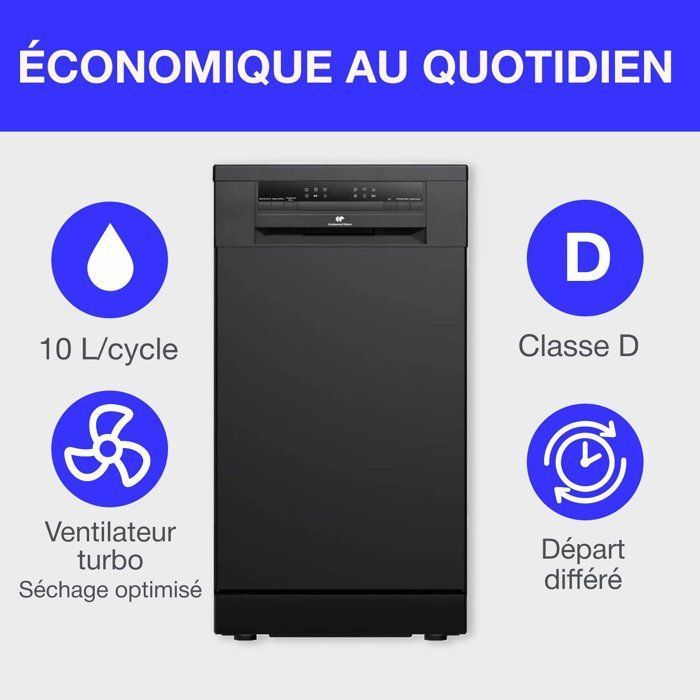 Lave vaisselle pose libre Continental Edison CELV1145B noir 11 couverts 45 cm - 6