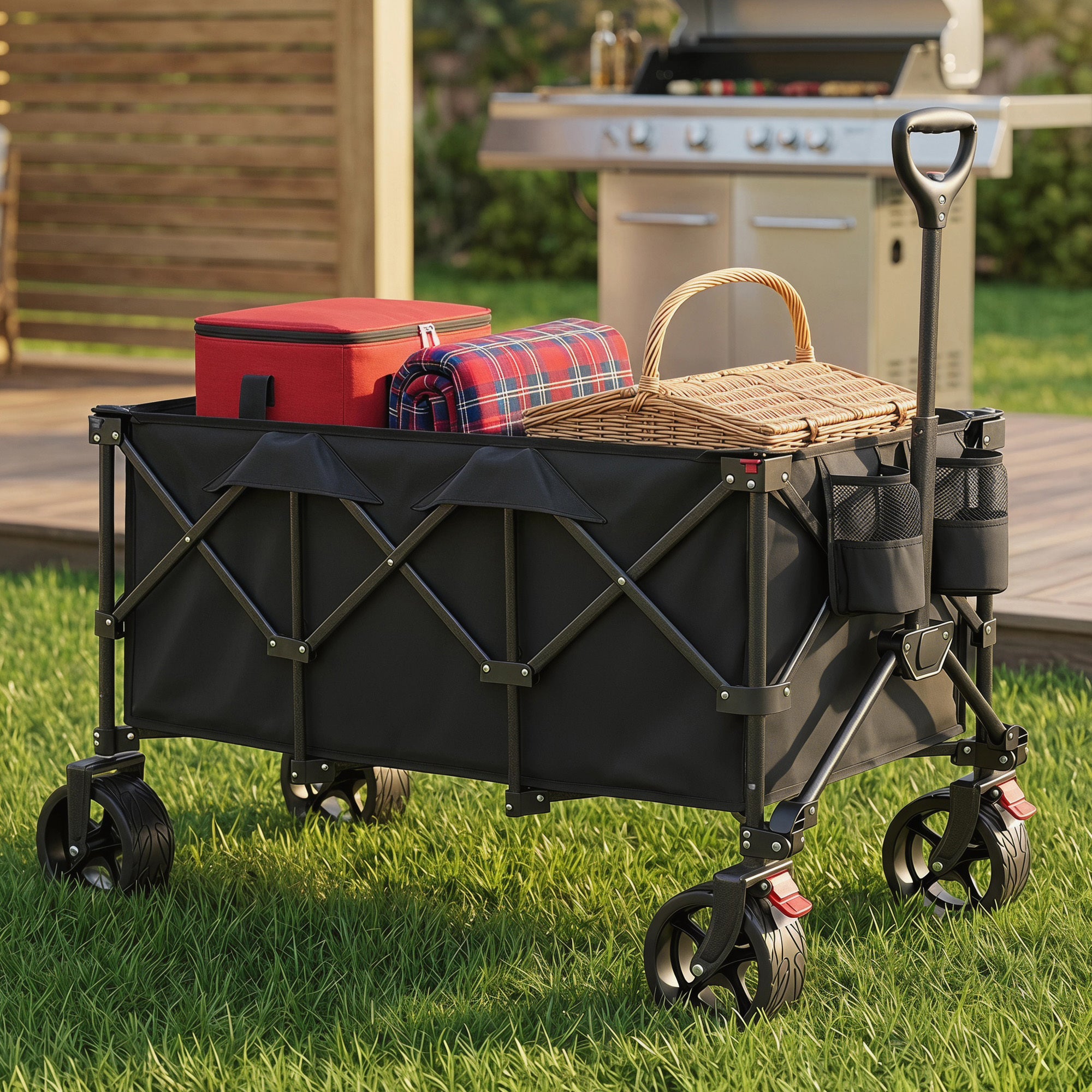 Wagon de Transport Extérieur, Capacité 200L, Chariot Pliable de Jardin avec Poignée, Plage, Camping, Noir - 2