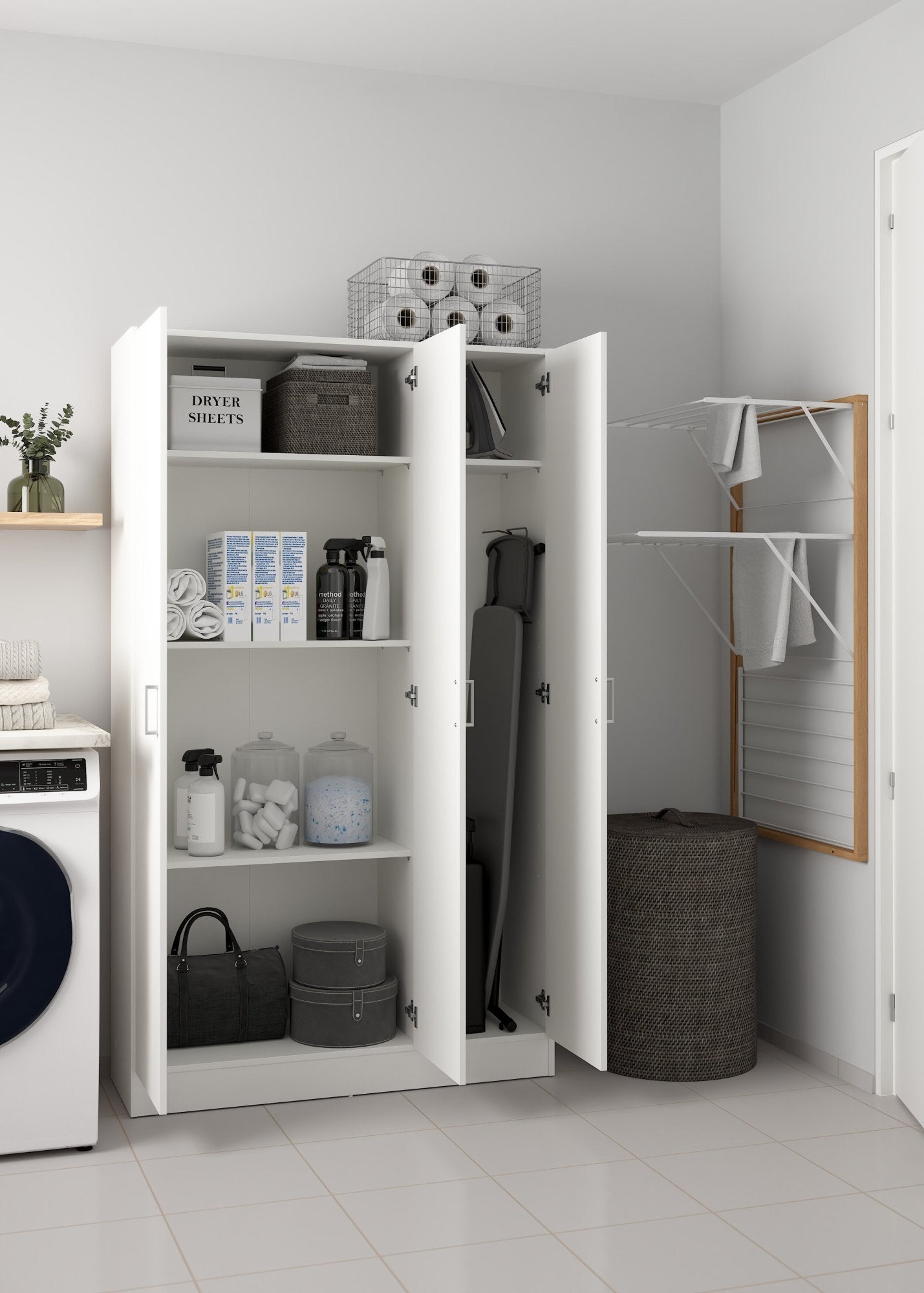 Grande armoire polyvalente Ranuncolo, Armoire auxiliaire avec 3 portes, Étagère à chaussures avec étagères, Armoire à balais, 109x37h180 cm, Blanc - 2