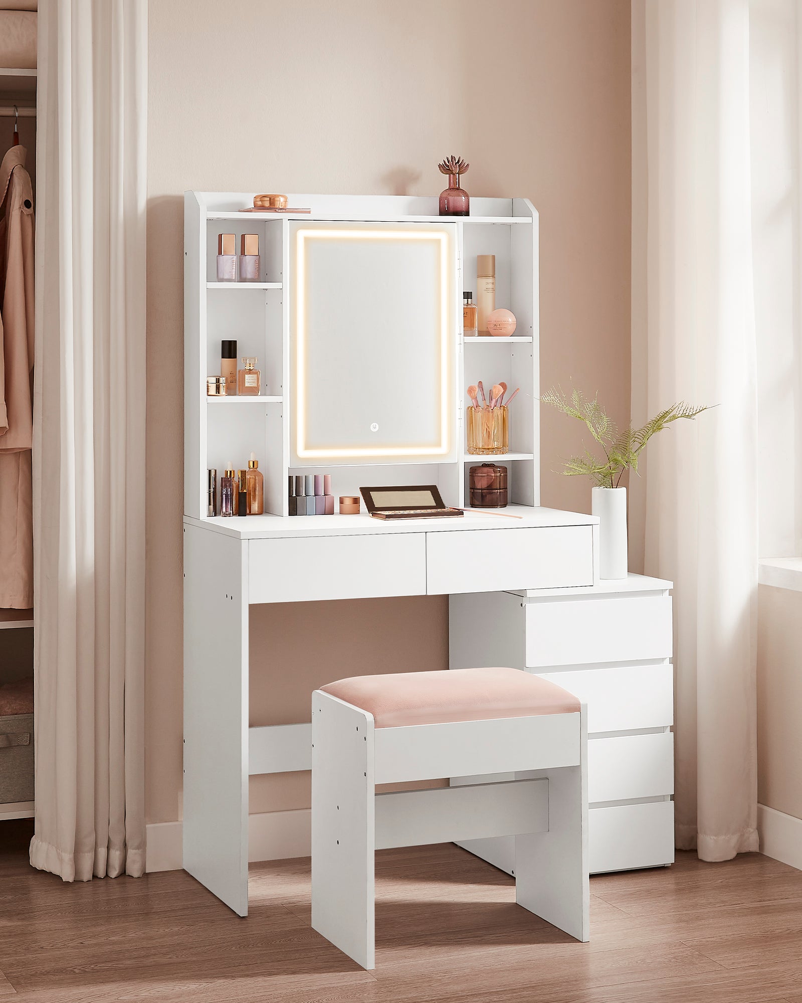 Coiffeuse, Grand Miroir LED à Luminosité Réglable, Compartiments Ouverts, Tabouret, Étagères Réglables, Blanc Nuage - 8