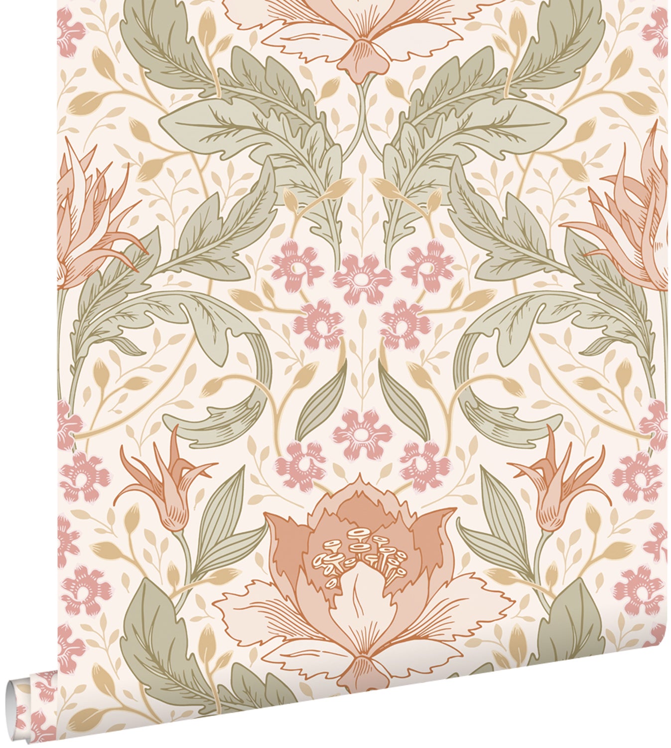 Tapeta vintage kwiaty w stylu secesyjnym beżowym,różowymIzielonym - 50 x 900 cm - ESTAHOME